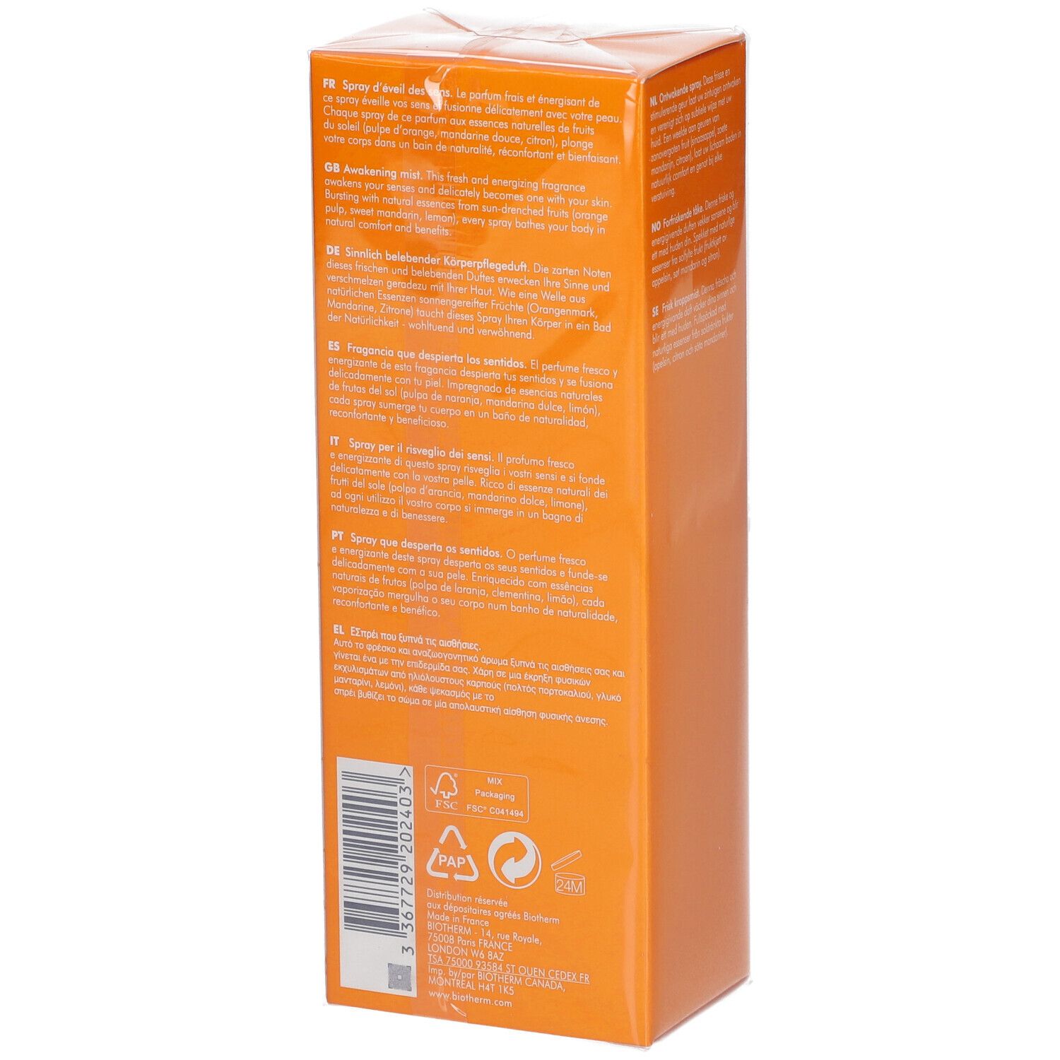 BIOTHERM Eau d'Energie Spray. Orangefarbene Verpackung. Text auf der Seite. Eau de Toilette.