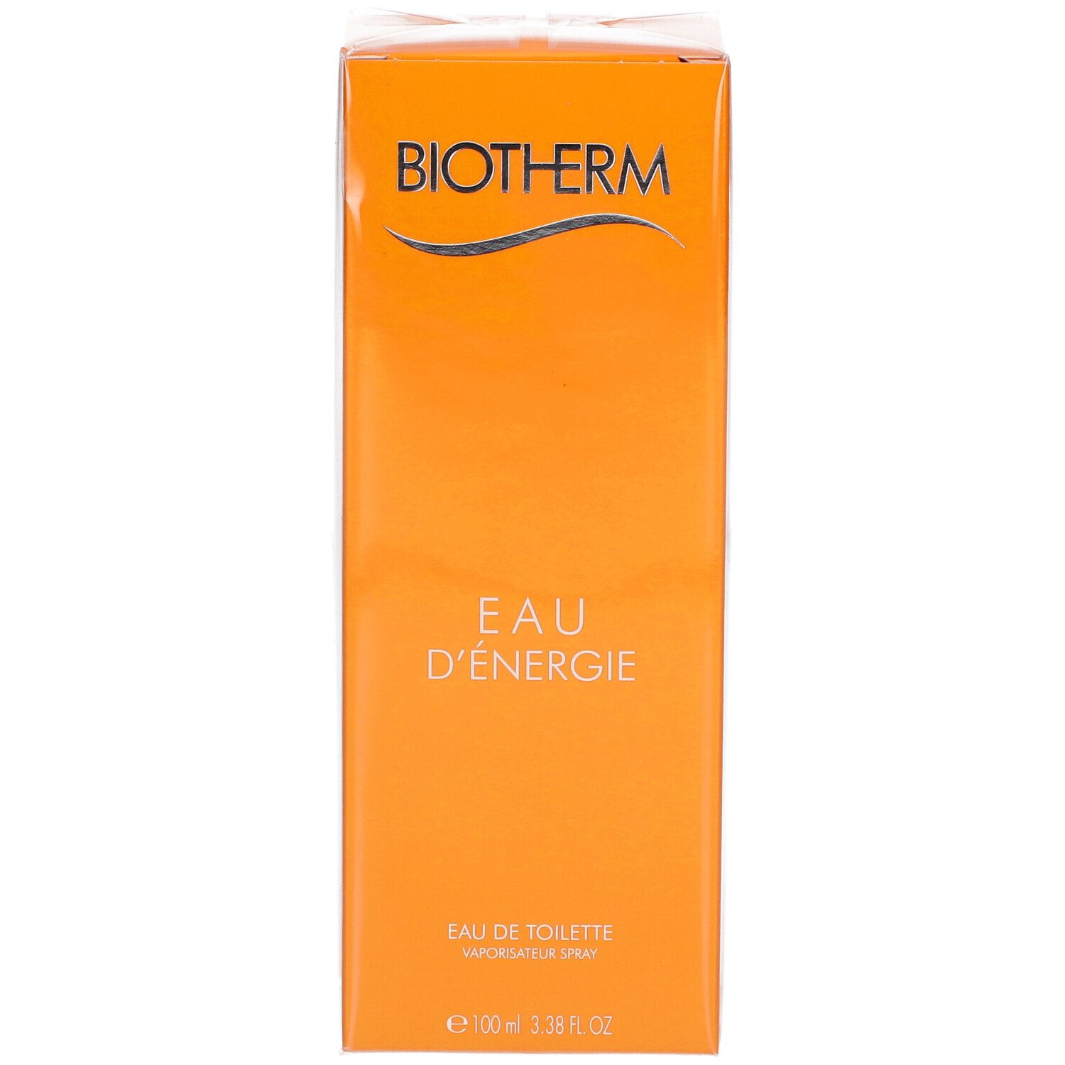 BIOTHERM Eau d'Energie Spray. Orangefarbene Verpackung. Schriftzug und Produktname. Eau de Toilette.