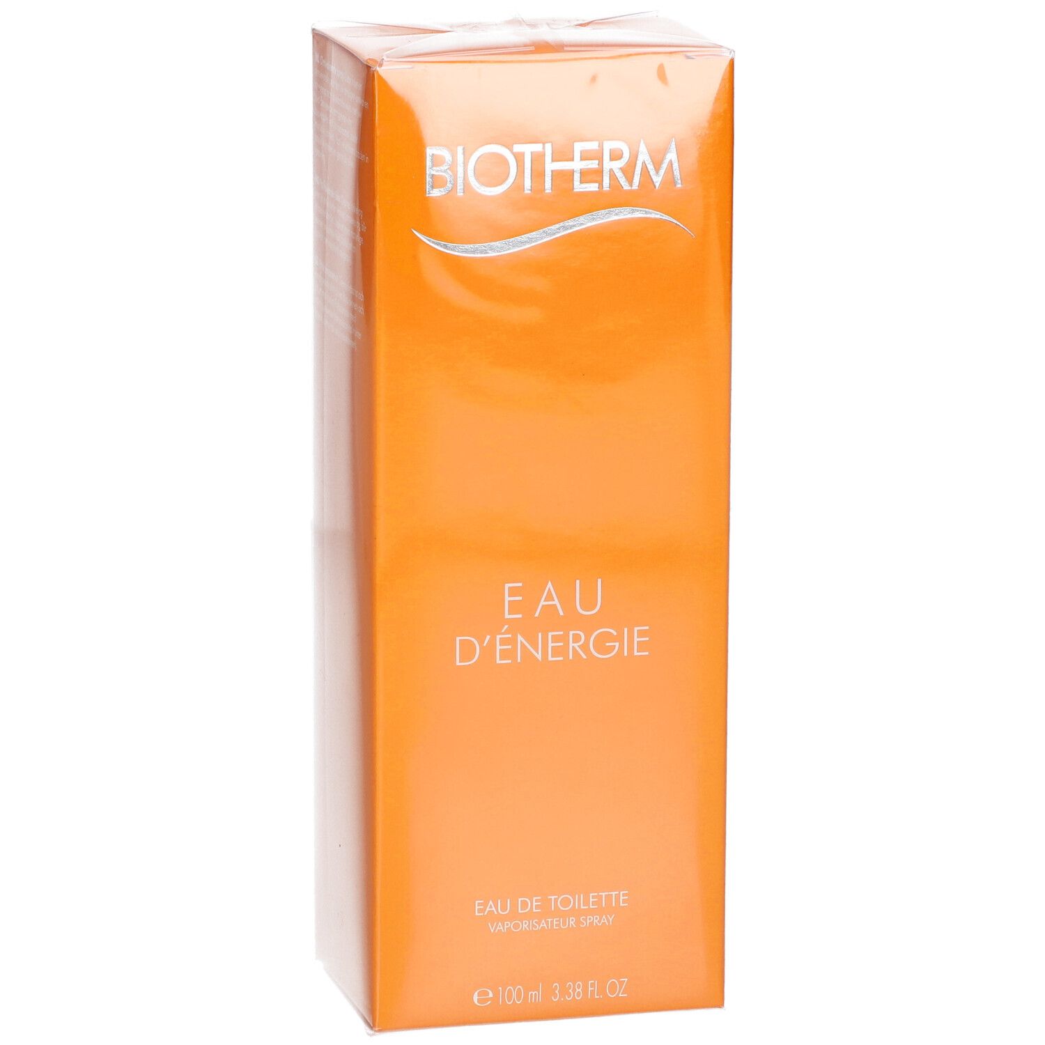 BIOTHERM Eau d'Energie Spray. Orangefarbene Verpackung. Schriftzug und Produktname. Eau de Toilette.