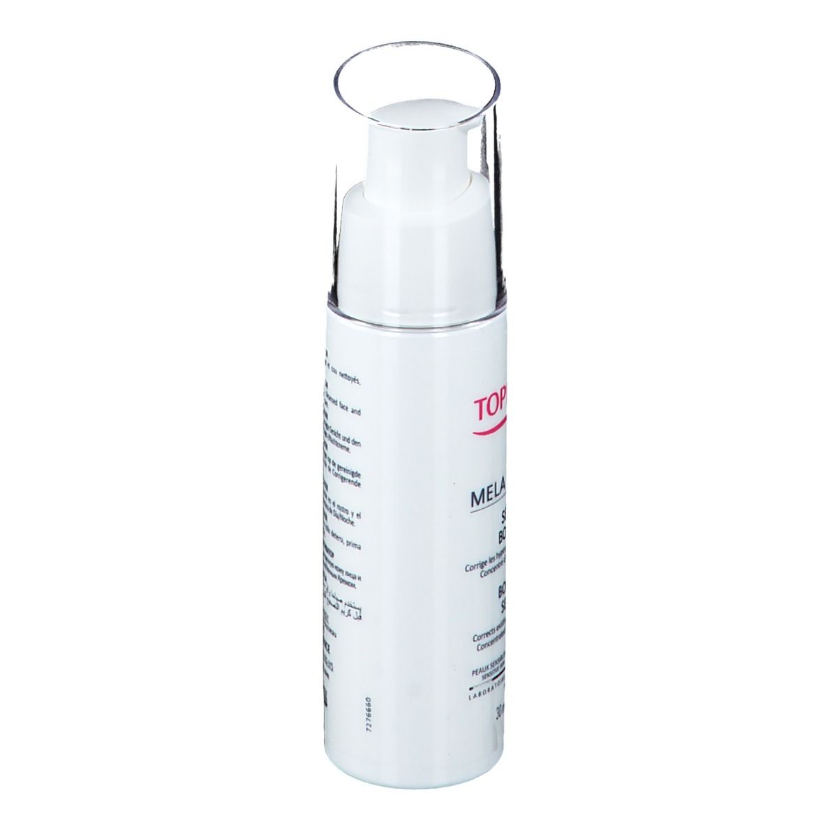 Achteraanzicht van een witte fles met pomp. Meertalige tekst. Opschrift: TOPICREM. Gemaakt in Frankrijk.