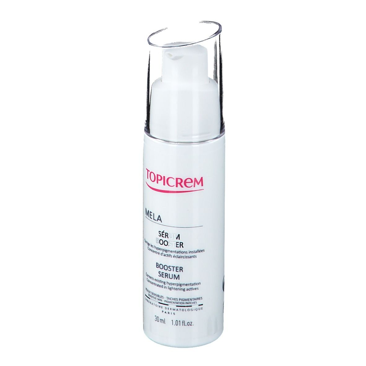 Witte fles met pomp en transparante dop. Opschrift: TOPICREM MELA Booster Serum. 30ml.