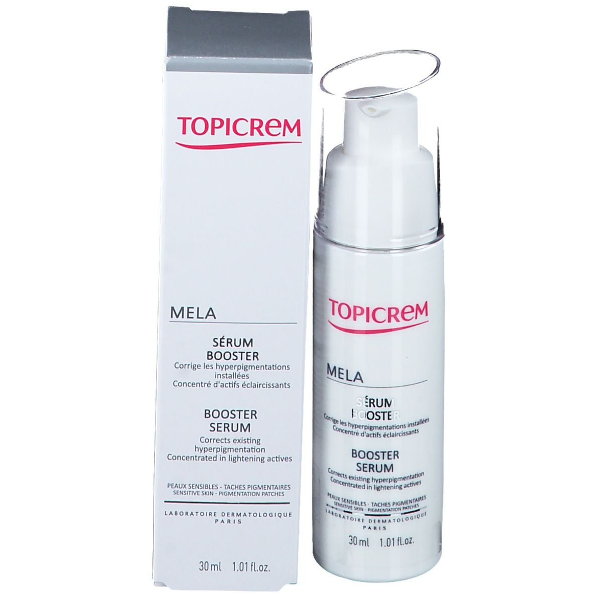 Witte fles met pomp naast een witte doos. Opschrift: TOPICREM MELA Booster Serum. 30ml.