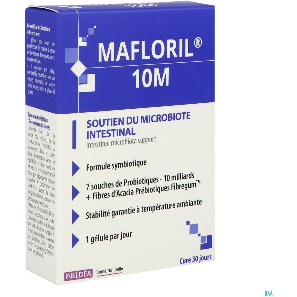 Boîte bleue ISN Mafloril 10M. Texte: soutien du microbiote intestinal. 1 gélule par jour.