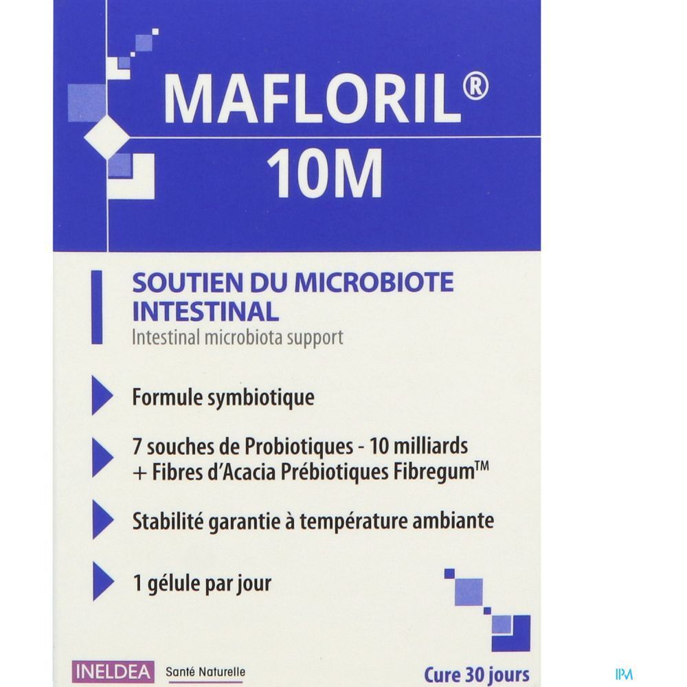 Gros plan sur la boîte bleue ISN Mafloril 10M. Texte: soutien du microbiote intestinal.