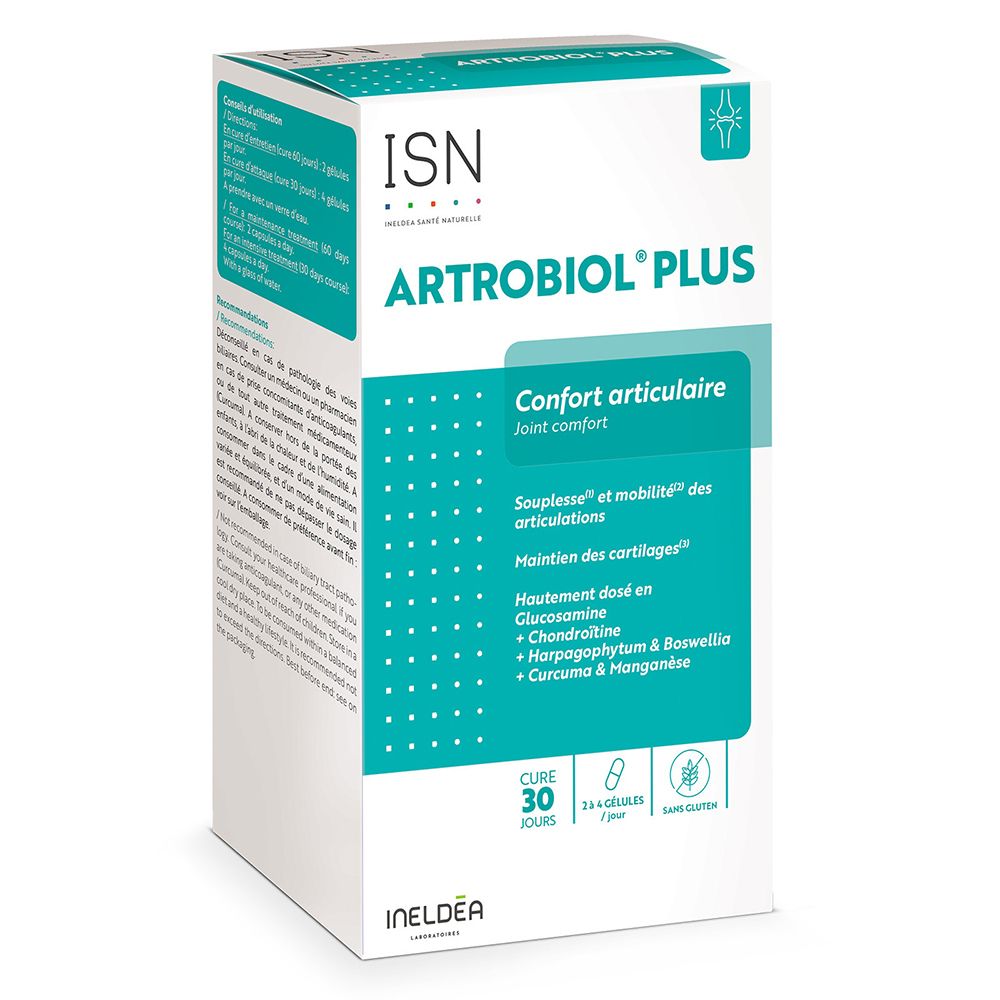 Boîte Artrobiol Plus. Ingrédients et nom du produit en évidence. Symbole de gélules. Cure de 30 jours.