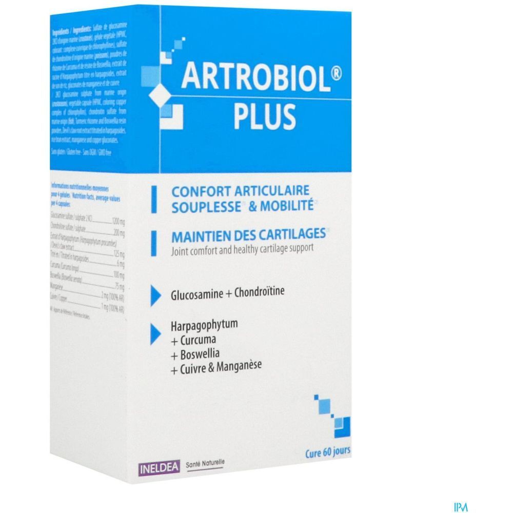 Boîte Artrobiol Plus. Détail des ingrédients et du nom du produit. Vue rapprochée.
