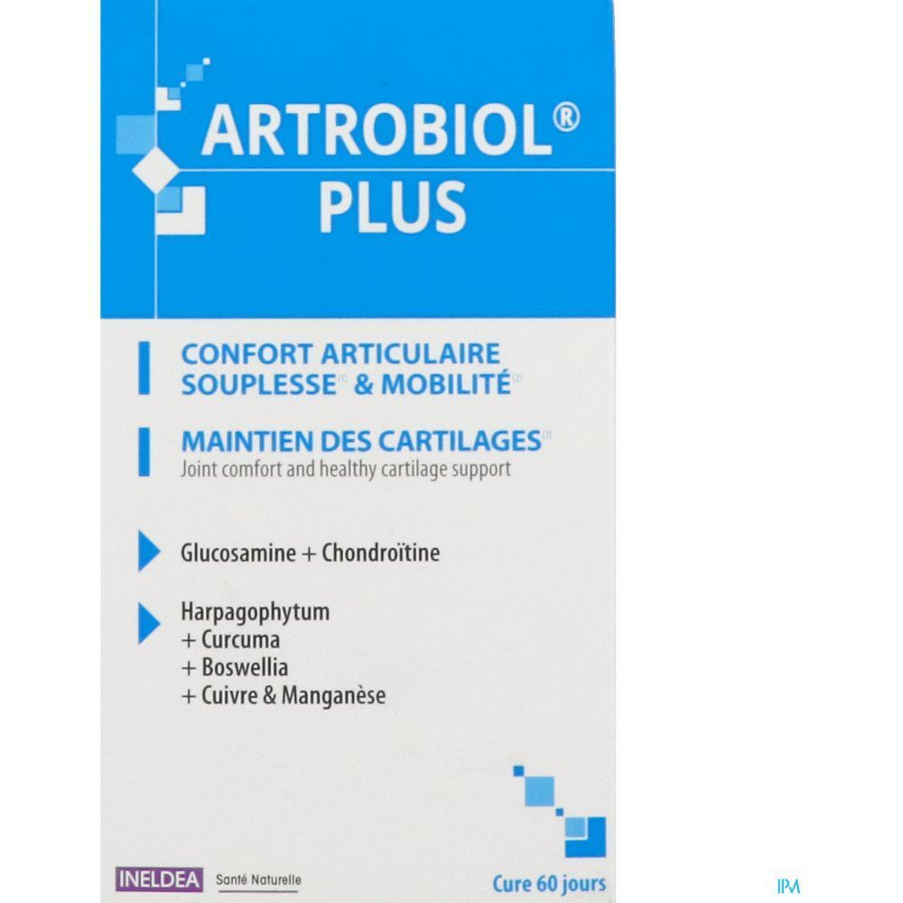 Boîte Artrobiol Plus. Détail des ingrédients et du nom du produit. Vue rapprochée.