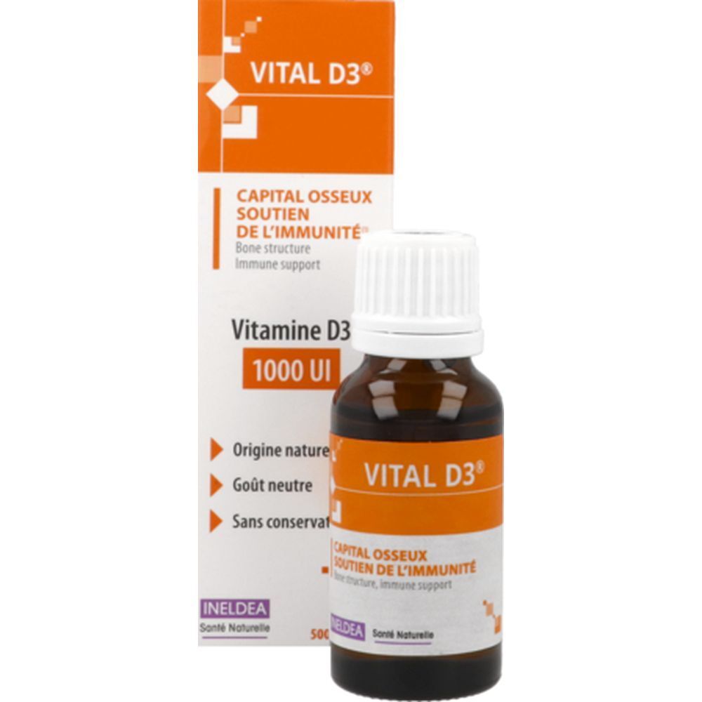 Flacon en verre brun et boîte orange. Inscription: VITAL D3, Soutien de l'immunité. Contient 1000 UI de vitamine D3.