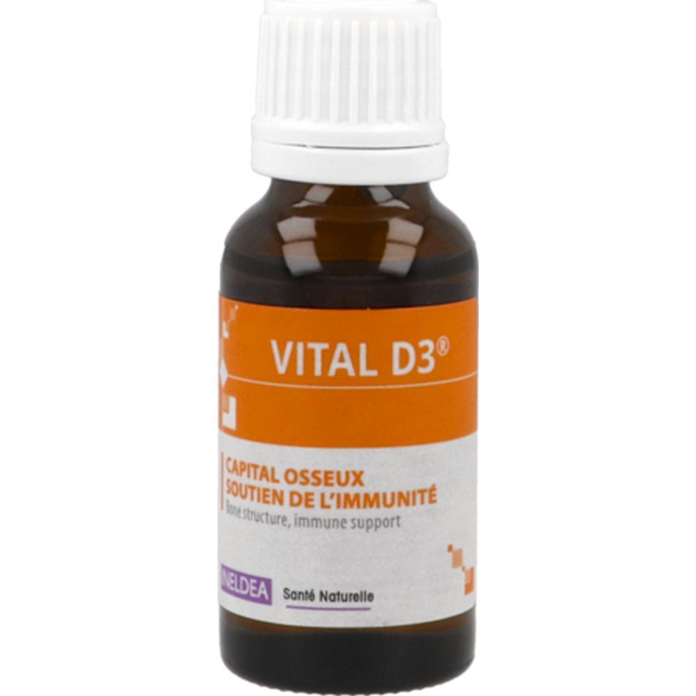 Flacon en verre brun. Inscription: VITAL D3, Soutien de l'immunité. Contient 1000 UI de vitamine D3.