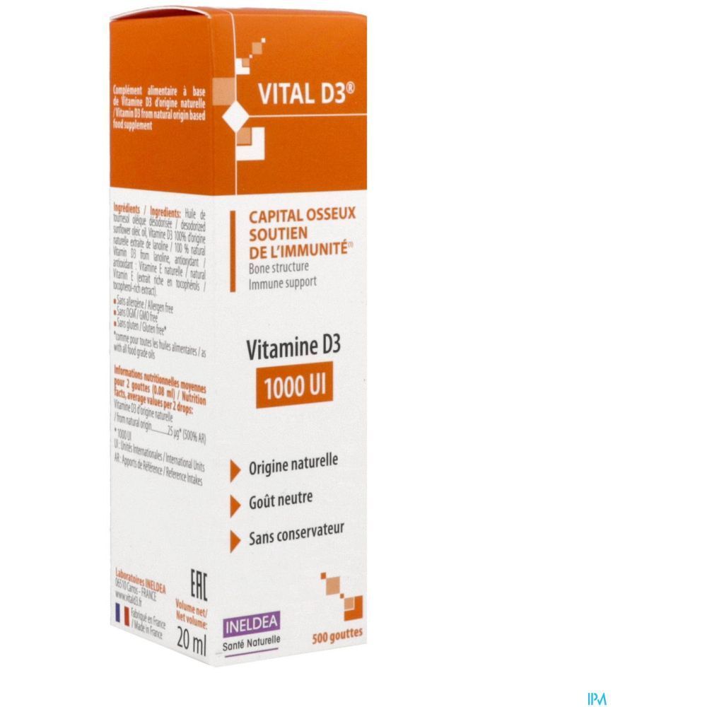 Boîte orange. Inscription: VITAL D3, Soutien de l'immunité. Contient 1000 UI de vitamine D3. 20 ml.