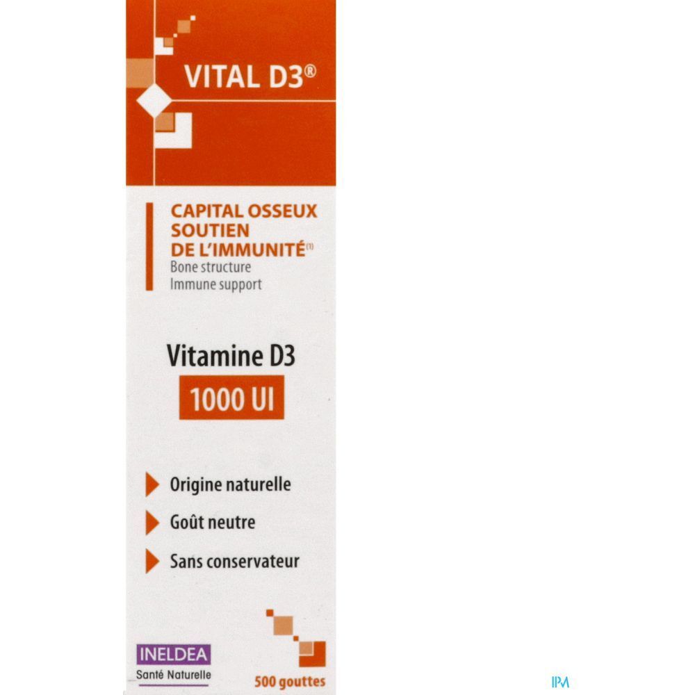 Boîte orange. Inscription: VITAL D3, Soutien de l'immunité. Contient 1000 UI de vitamine D3.