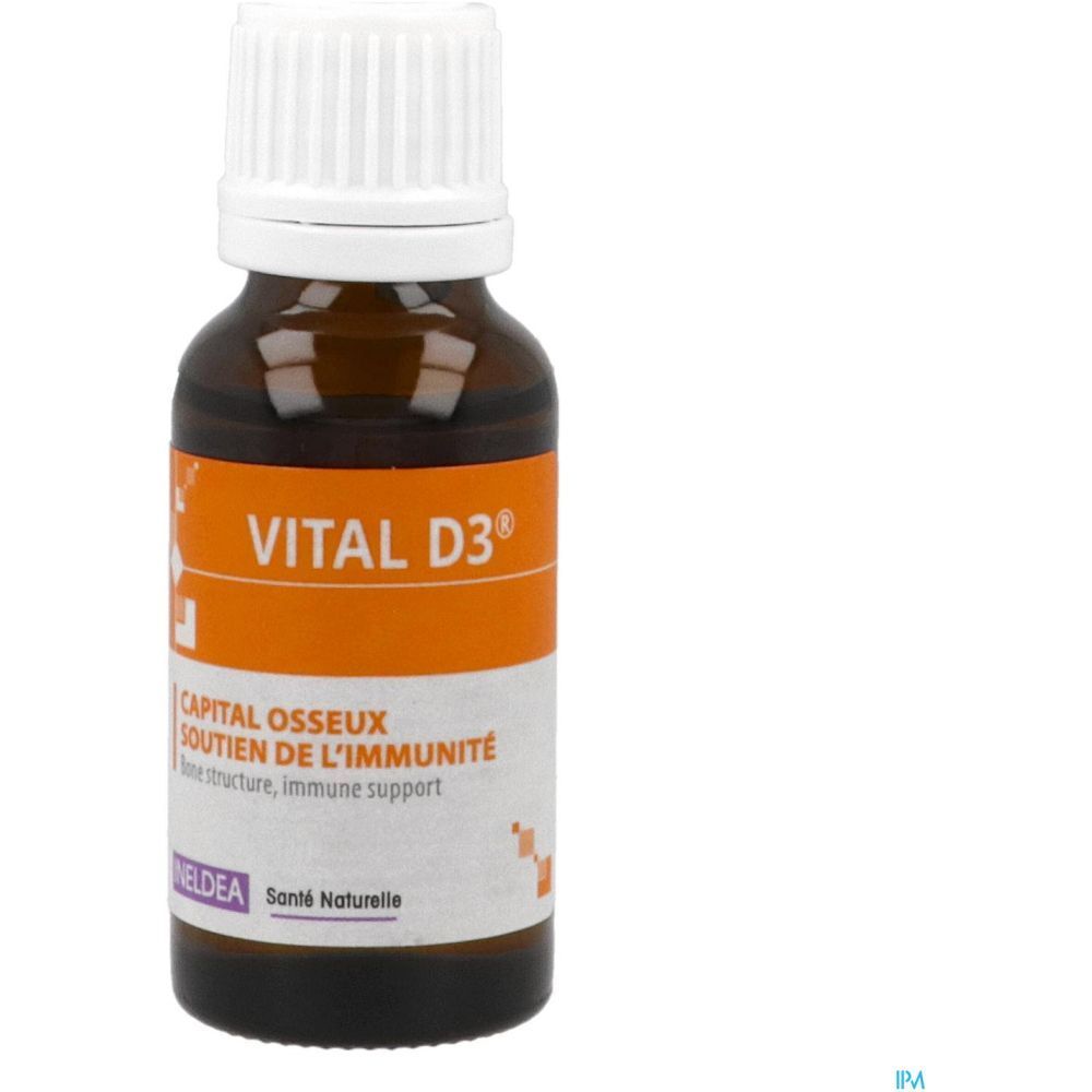 Flacon en verre brun. Inscription: VITAL D3, Soutien de l'immunité. Contient 1000 UI de vitamine D3.