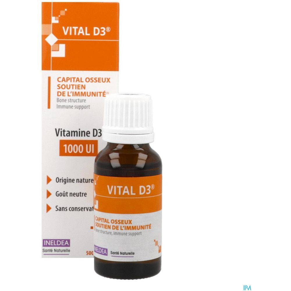 Flacon en verre brun et boîte orange. Inscription: VITAL D3, Soutien de l'immunité. Contient 1000 UI de vitamine D3.