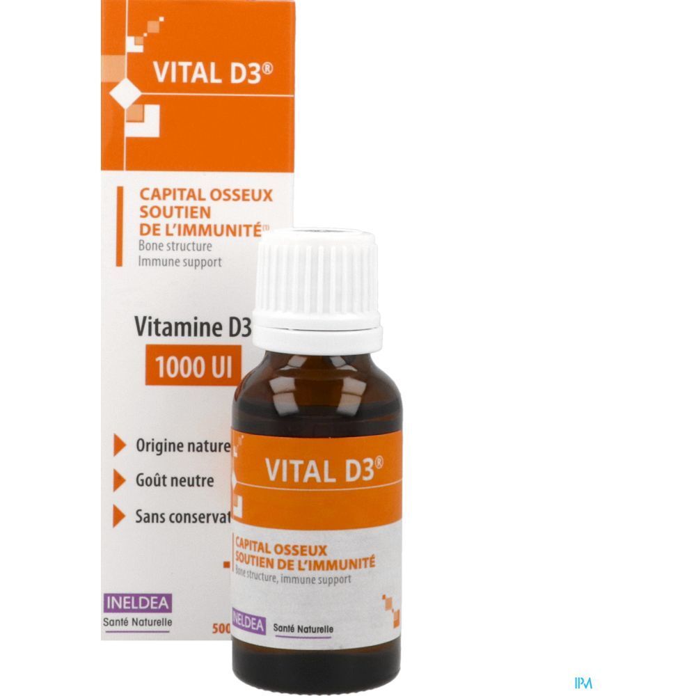 Flacon en verre brun et boîte orange. Inscription: VITAL D3, Soutien de l'immunité. Contient 1000 UI de vitamine D3.