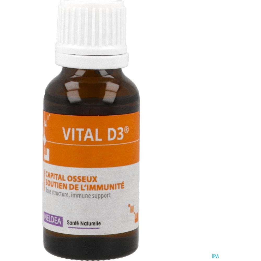 Flacon en verre brun. Inscription: VITAL D3, Soutien de l'immunité.
