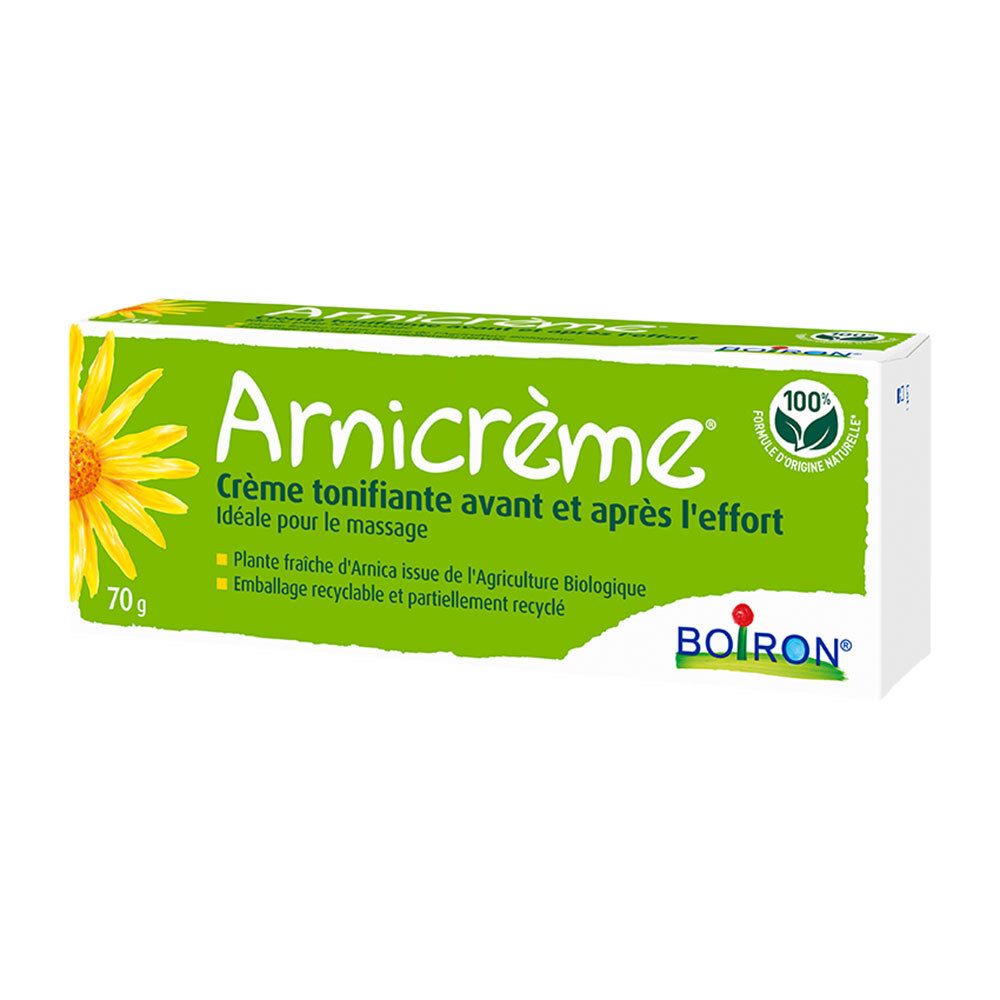 Boîte Arnicrème, verte et blanche, avec nom du produit, illustration de tournesol et 70g.