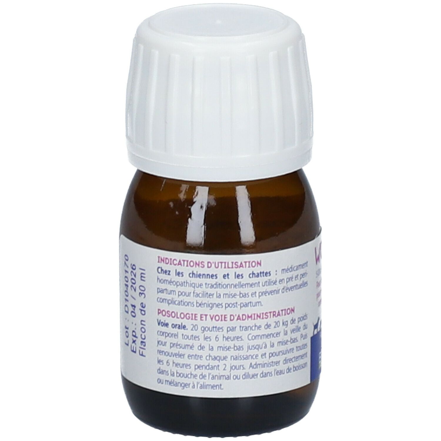 Vue arrière d'un flacon en verre brun avec bouchon blanc. Inscription: WOMBYL PA, BOIRON®. Flacon de 30 ml.