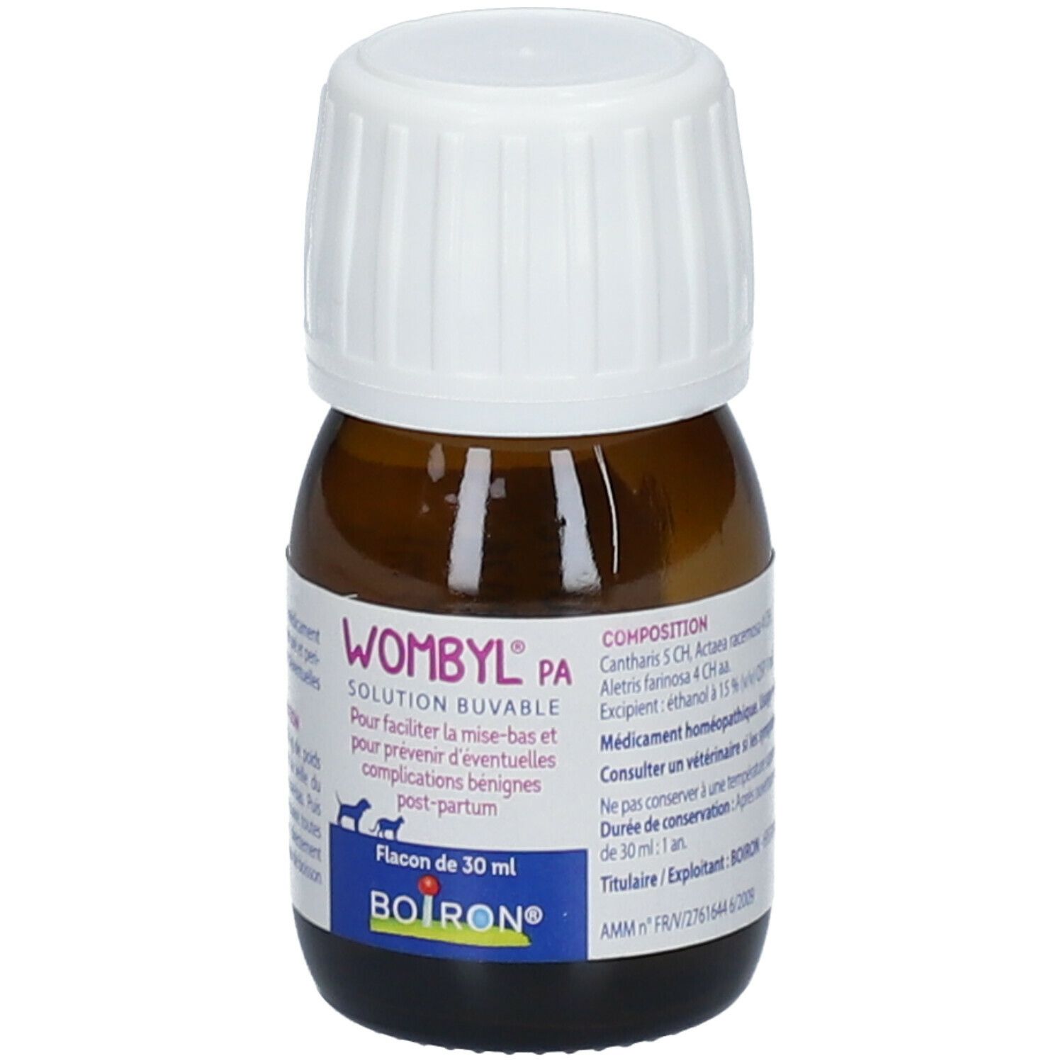 Flacon en verre brun avec bouchon blanc. Inscription: WOMBYL PA, BOIRON®. Flacon de 30 ml. Étiquette avec informations.