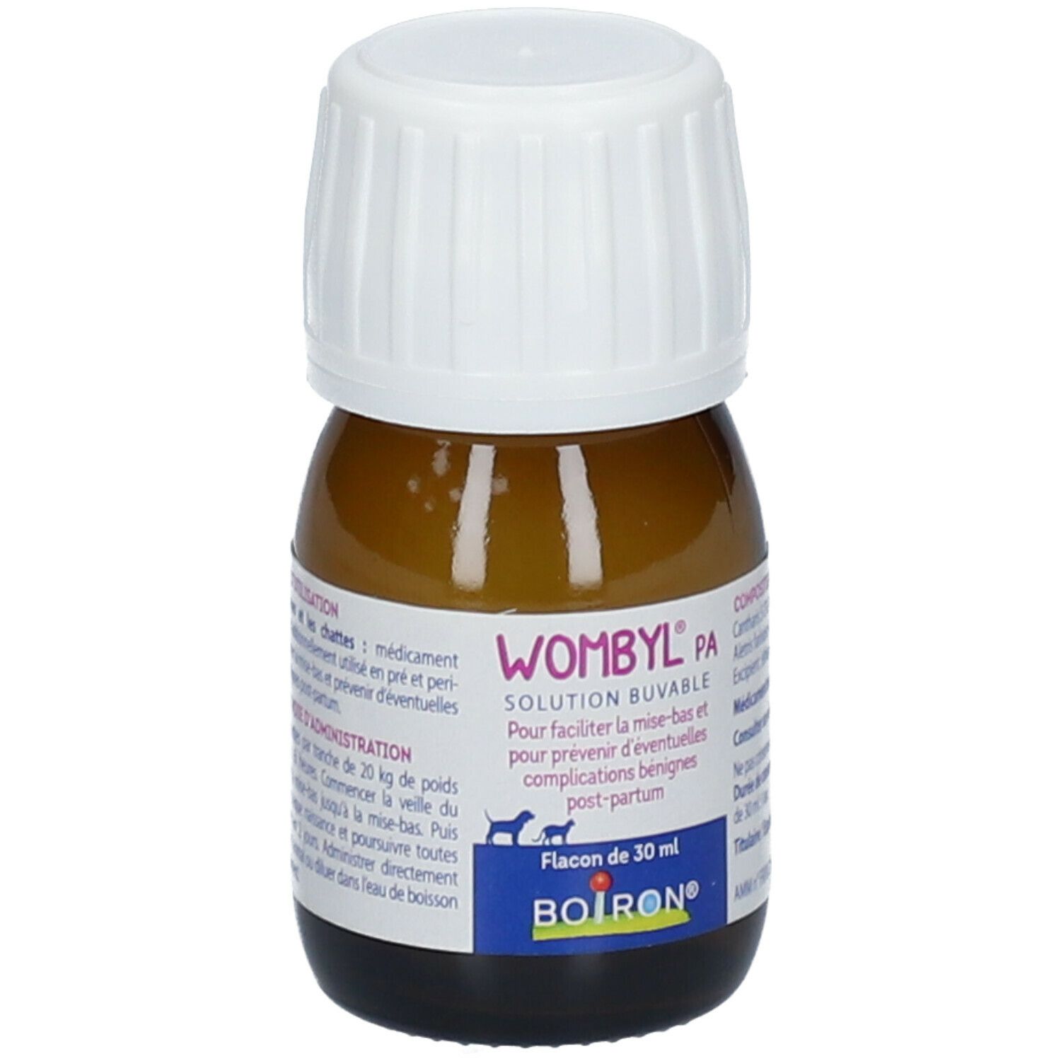 Flacon en verre brun avec bouchon blanc. Inscription: WOMBYL PA, BOIRON®. Flacon de 30 ml. Étiquette avec informations.