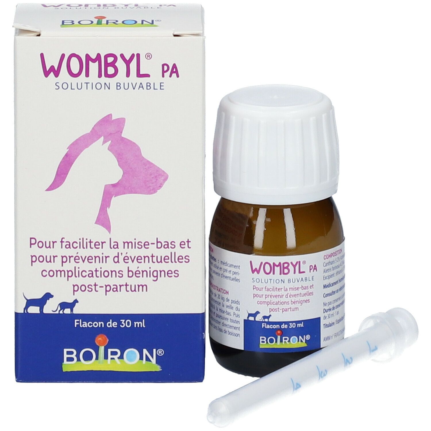 Emballage du produit avec flacon et applicateur. Inscription: WOMBYL PA, BOIRON®. Flacon de 30 ml.
