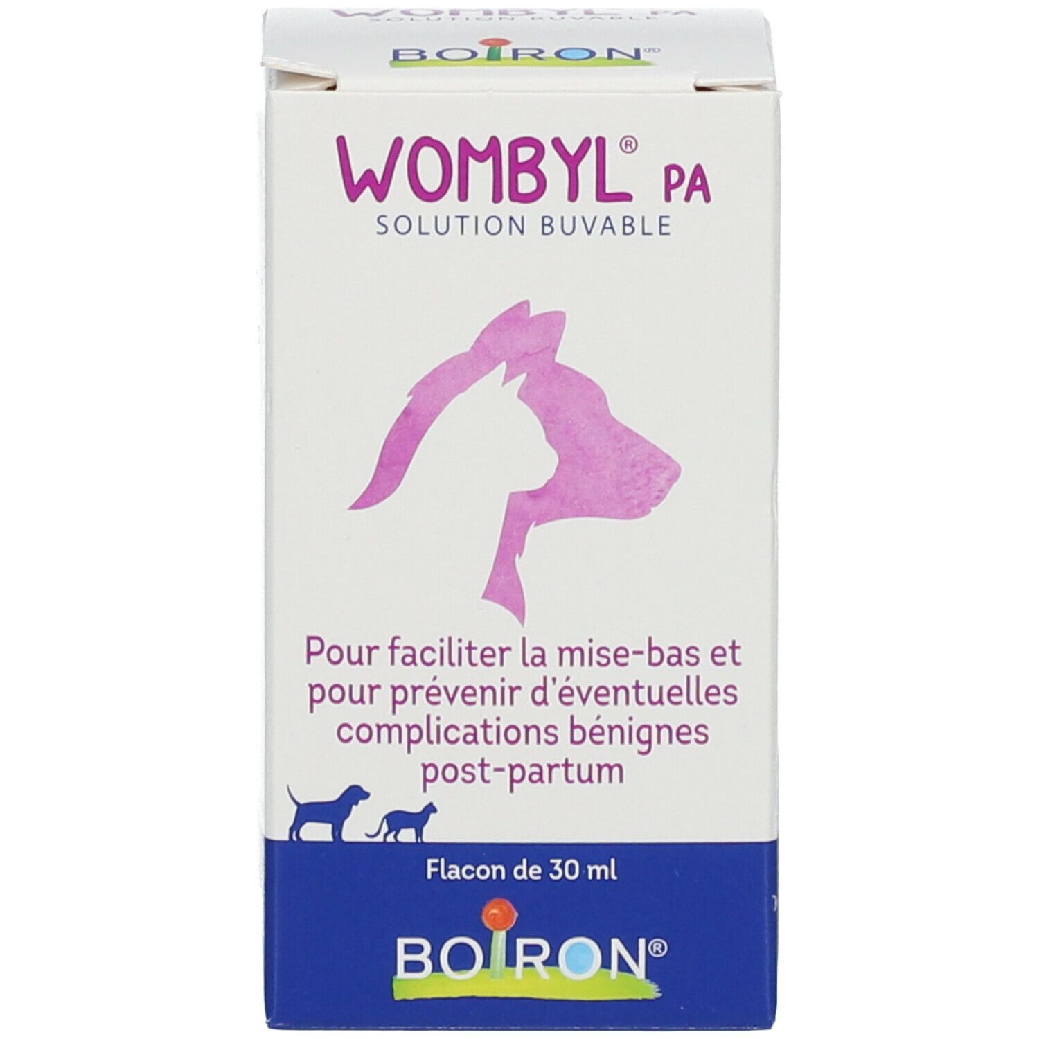 Emballage du produit. Inscription: WOMBYL PA, BOIRON®. Flacon de 30 ml. Illustration chien et chat.