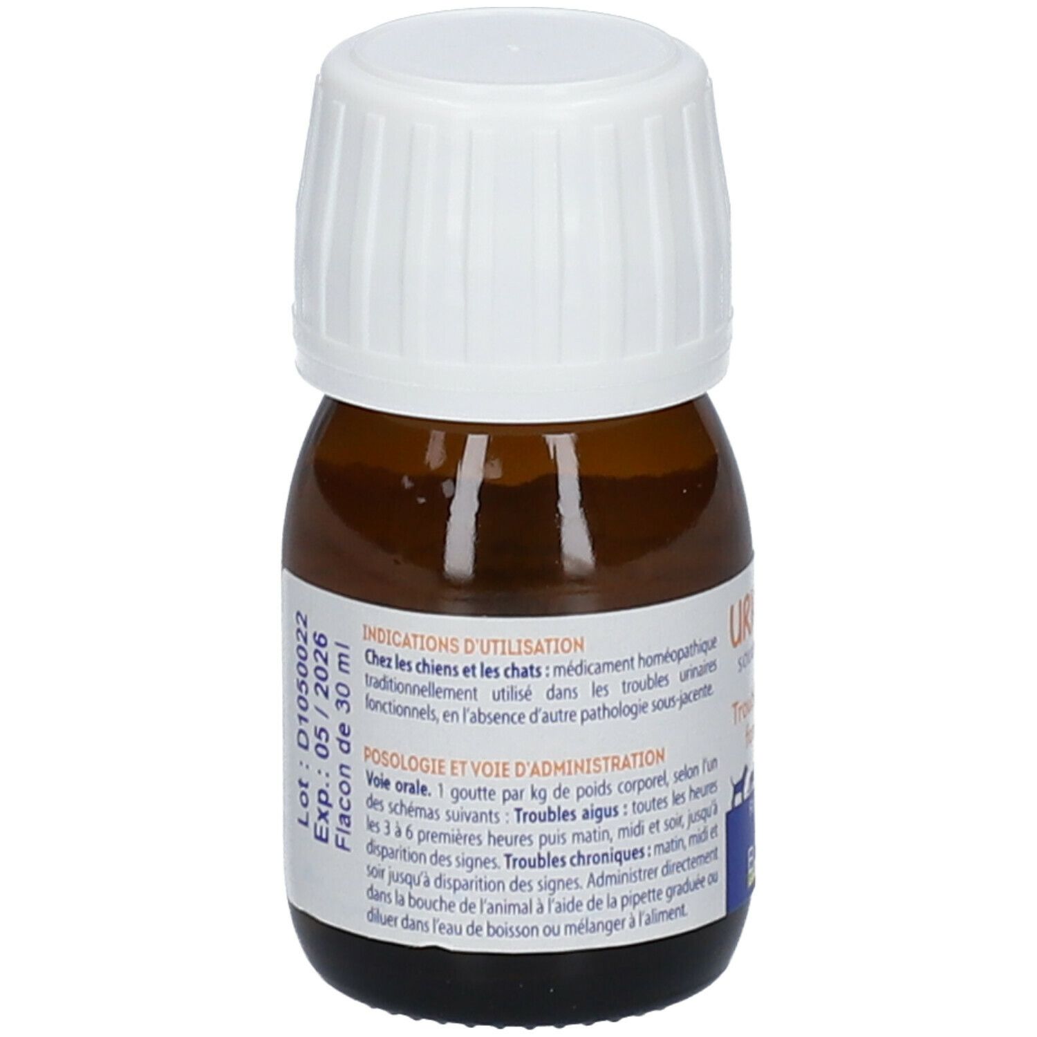 Flacon en verre brun avec bouchon blanc. URICYSTYL, solution buvable, 30 ml. Étiquette avec instructions.