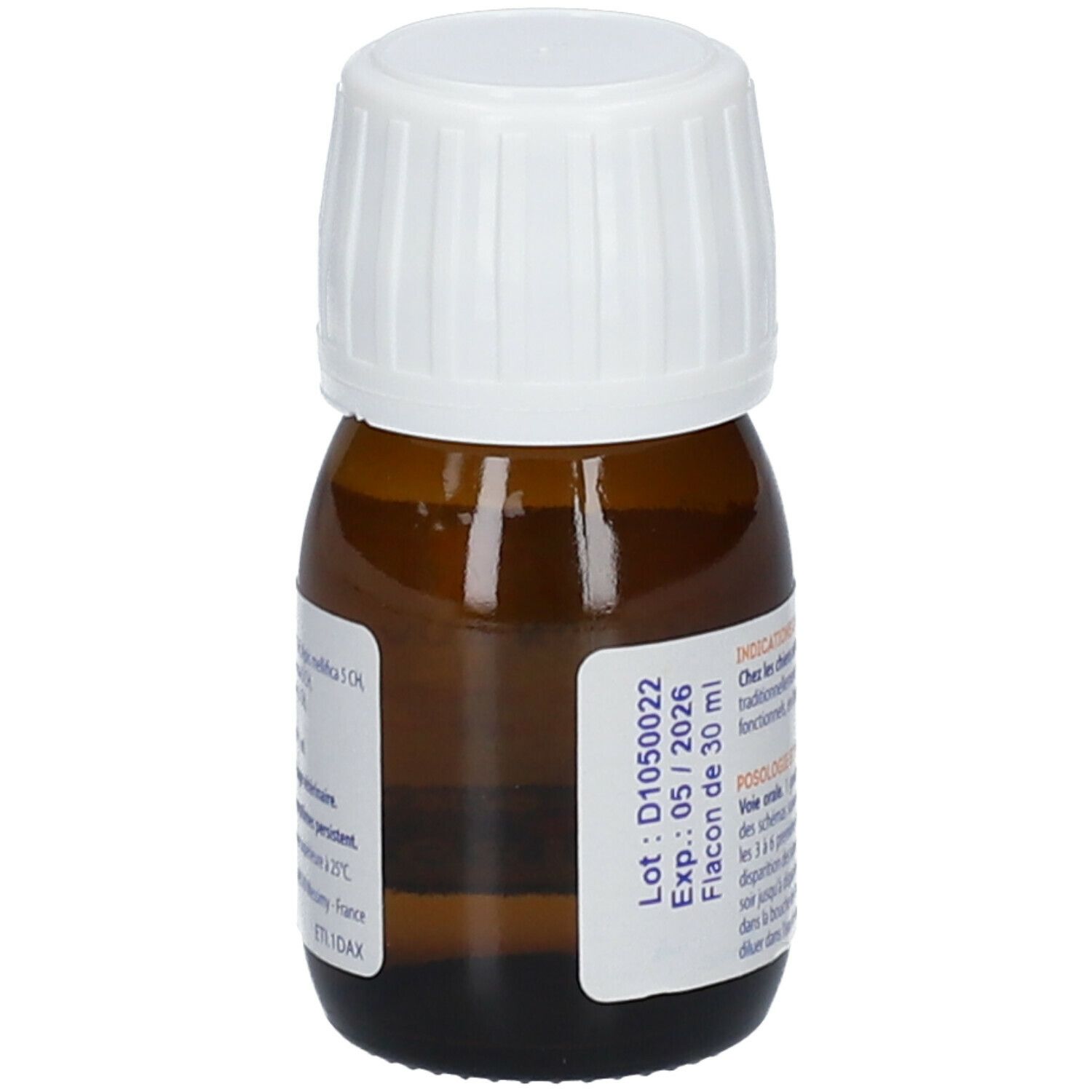Flacon en verre brun avec bouchon blanc. URICYSTYL, solution buvable, 30 ml. Étiquette avec lot et date d'expiration.