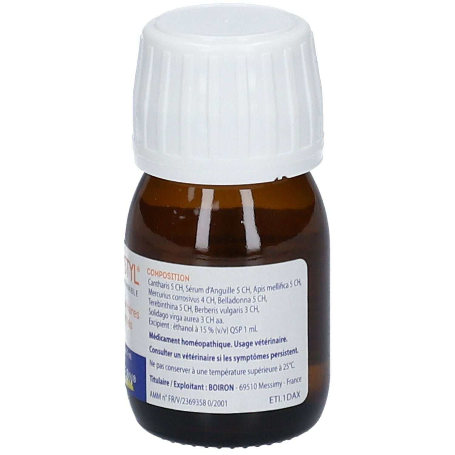 Flacon en verre brun avec bouchon blanc. URICYSTYL, solution buvable, 30 ml. Étiquette avec ingrédients.