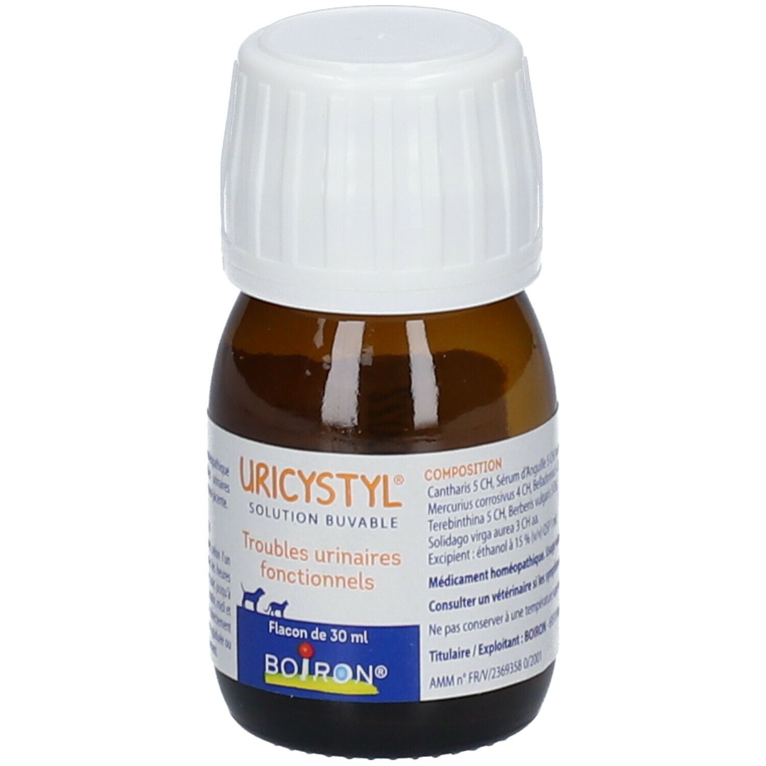 Flacon en verre brun avec bouchon blanc. URICYSTYL, solution buvable, 30 ml. Logo BOIRON et informations produit.