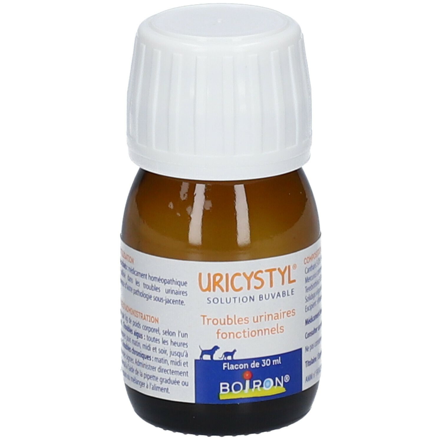 Flacon en verre brun avec bouchon blanc. URICYSTYL, solution buvable, 30 ml. Informations produit et logo BOIRON.