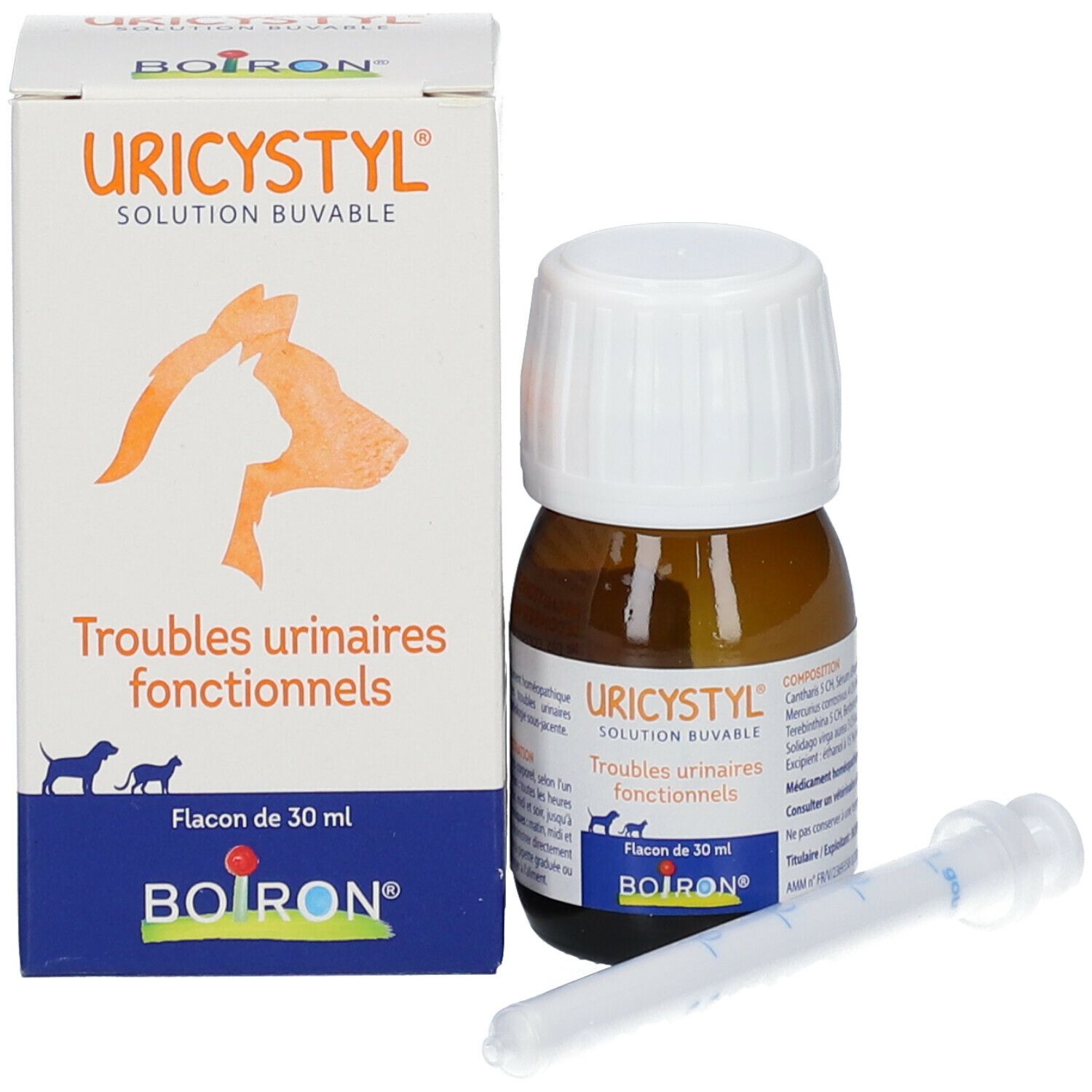 Boîte URICYSTYL avec flacon et pipette doseuse. Flacon : verre brun, bouchon blanc. 30 ml.