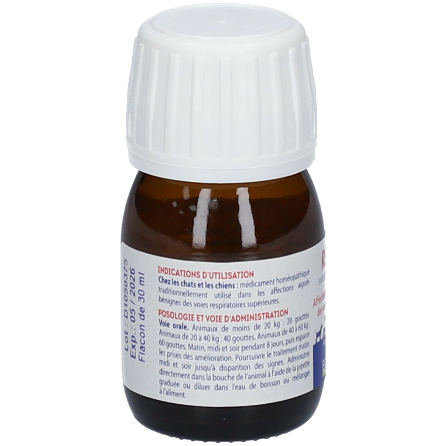 Dos du flacon brun, bouchon blanc. RESPYL, 30 ml. Date de péremption. BOIRON.