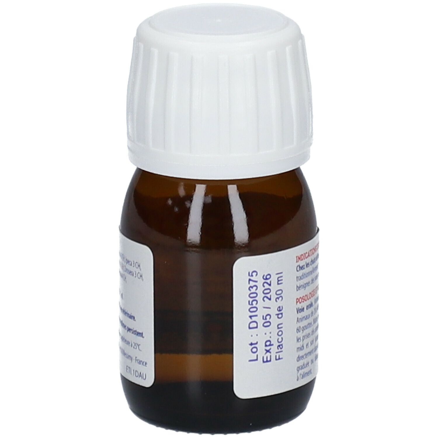 Dos du flacon brun, bouchon blanc. RESPYL, 30 ml. Date de péremption. BOIRON.