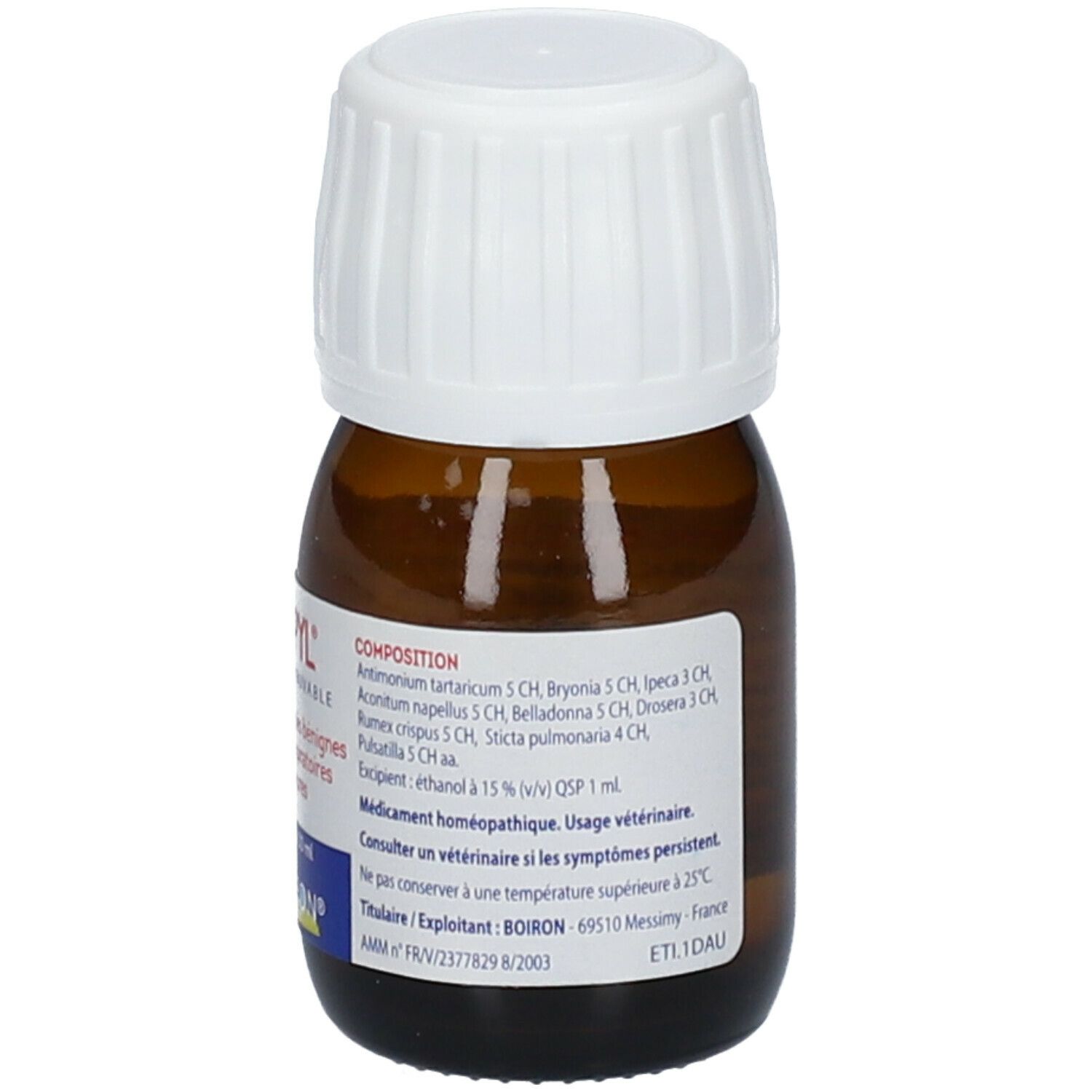 Flacon en verre brun, bouchon blanc. RESPYL, 30 ml. Composition. BOIRON.