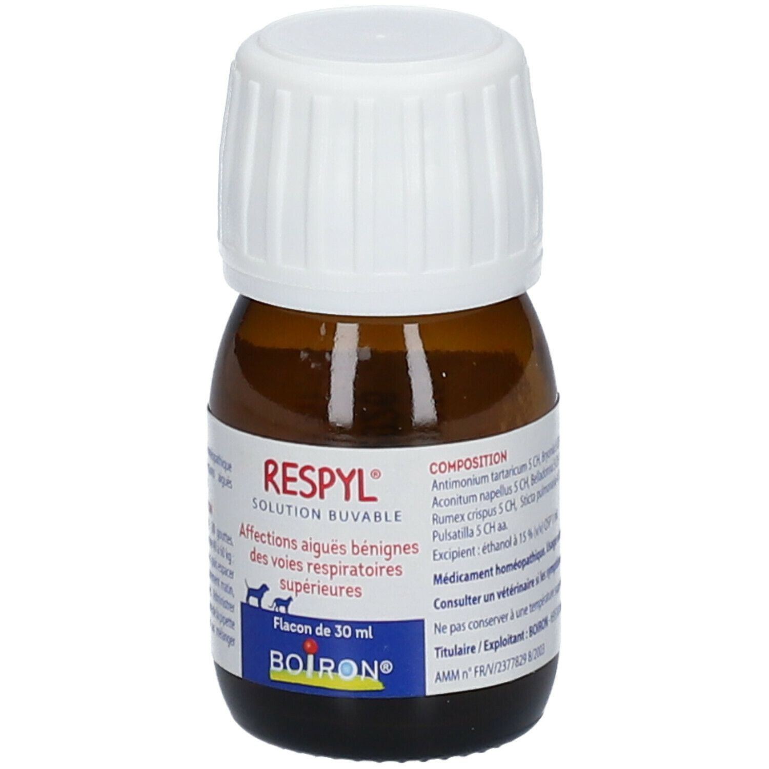 Flacon en verre brun, bouchon blanc. RESPYL solution buvable, 30 ml. Logo BOIRON.