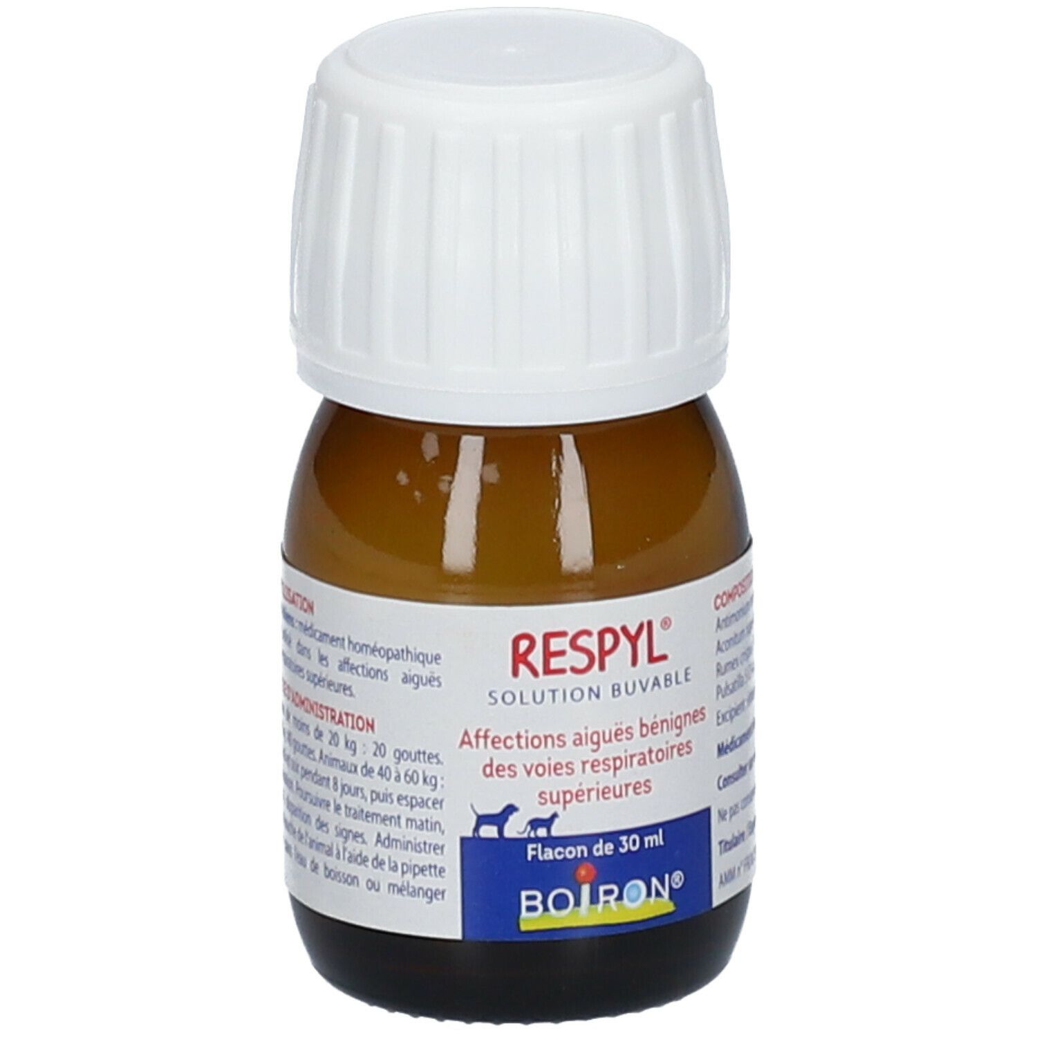 Flacon en verre brun, bouchon blanc. RESPYL solution buvable, 30 ml. Logo BOIRON.