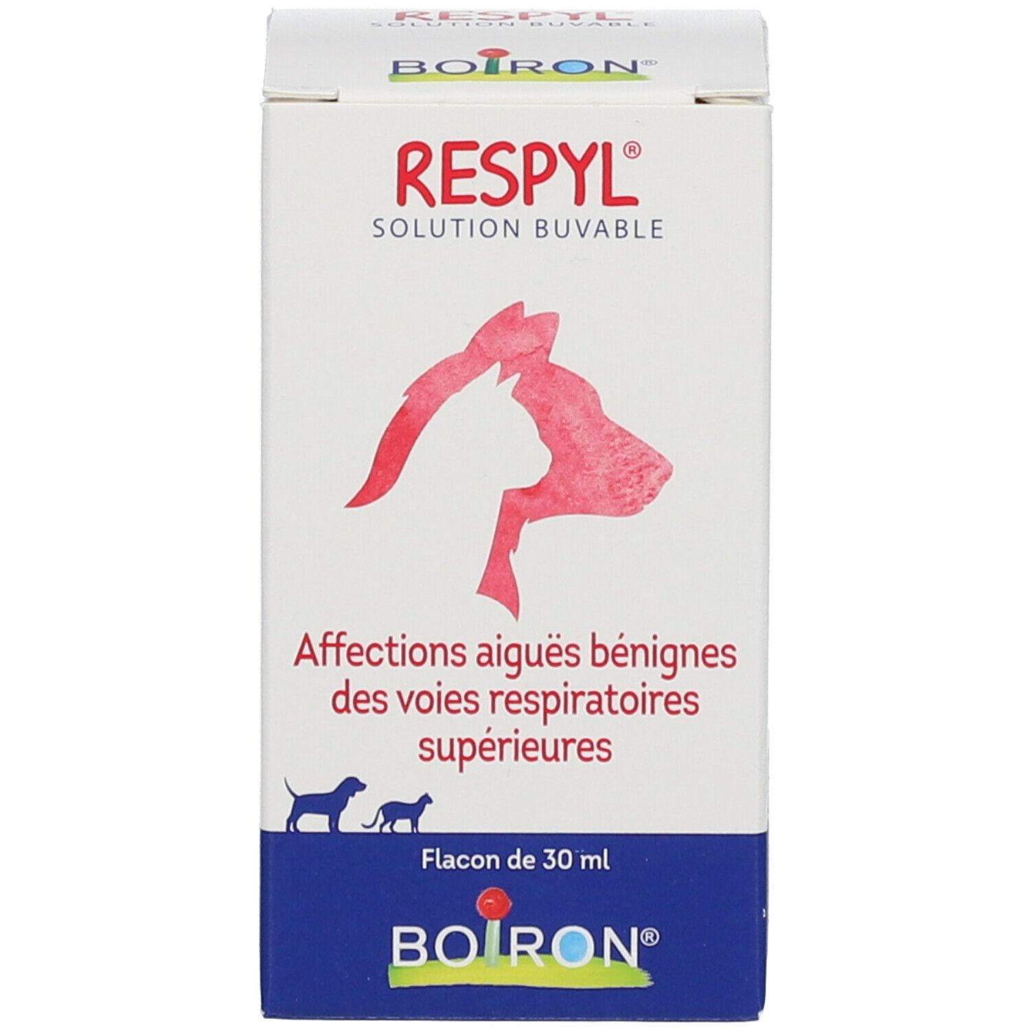 Emballage du produit. RESPYL solution buvable, 30 ml. Logo BOIRON.