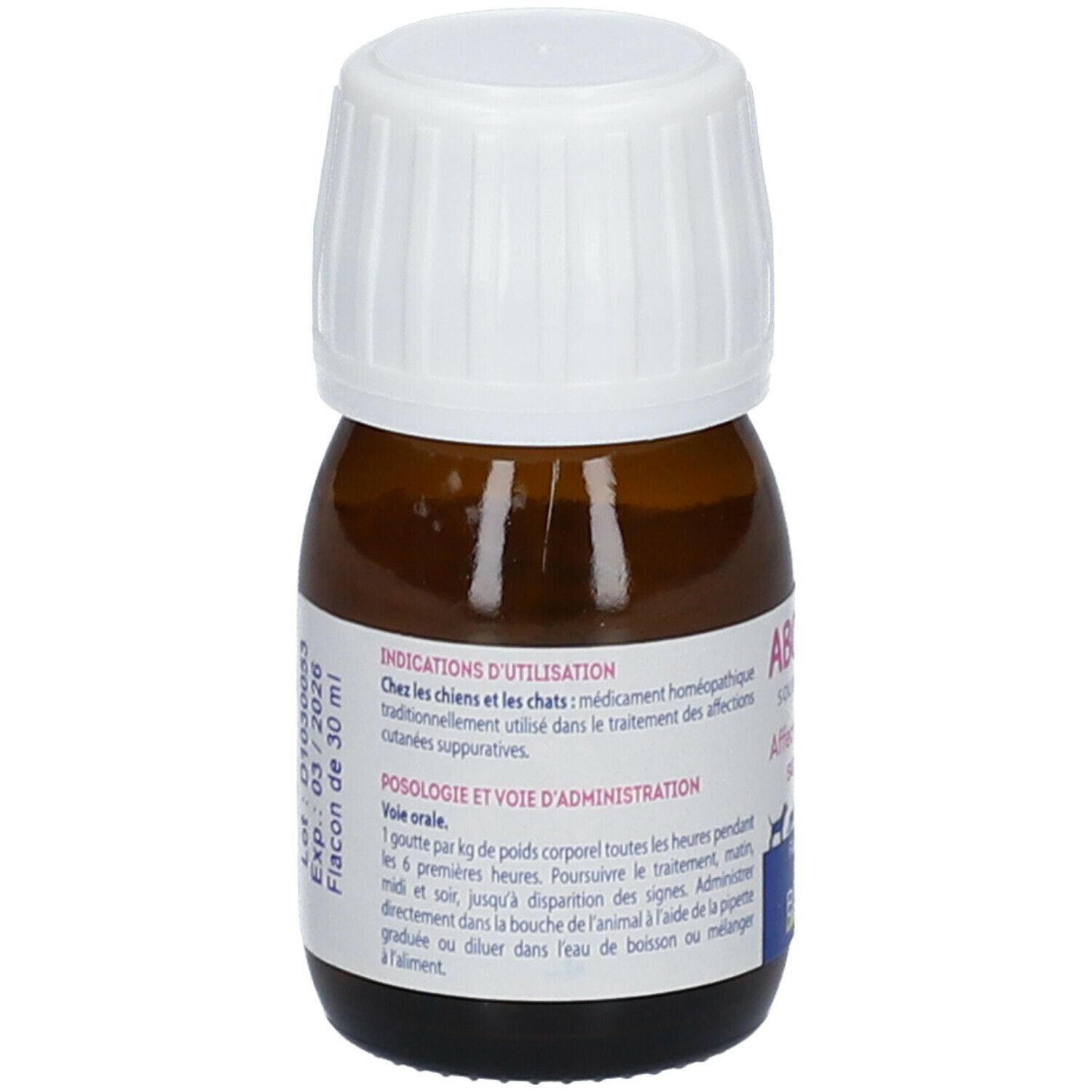 Dos du flacon en verre brun, bouchon blanc. Texte: Indications, posologie, date d'expiration. Flacon de 30 ml.