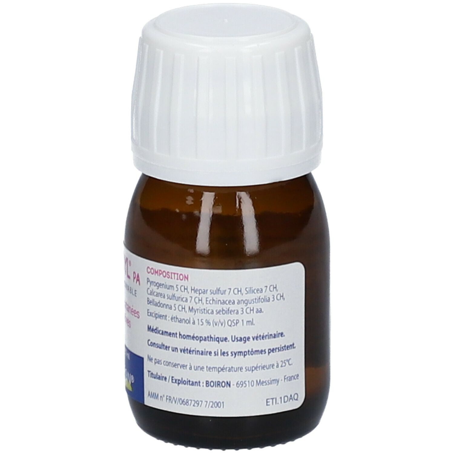 Flacon en verre brun, bouchon blanc. Inscription: Composition, ingrédients, mode d'emploi. Flacon de 30 ml.