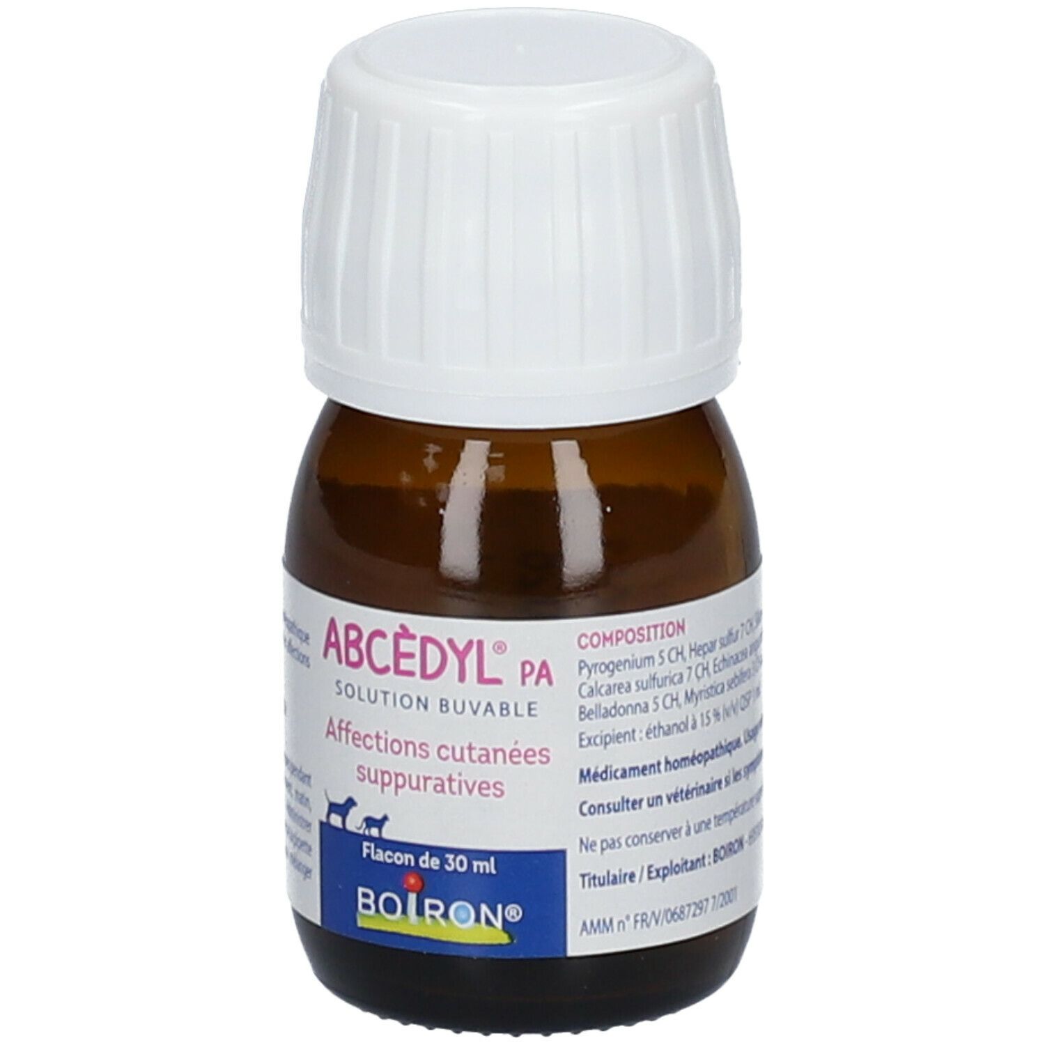 Flacon en verre brun, bouchon blanc. Inscription: ABCÈDYL PA, solution buvable. Flacon de 30 ml. Marque BOIRON.
