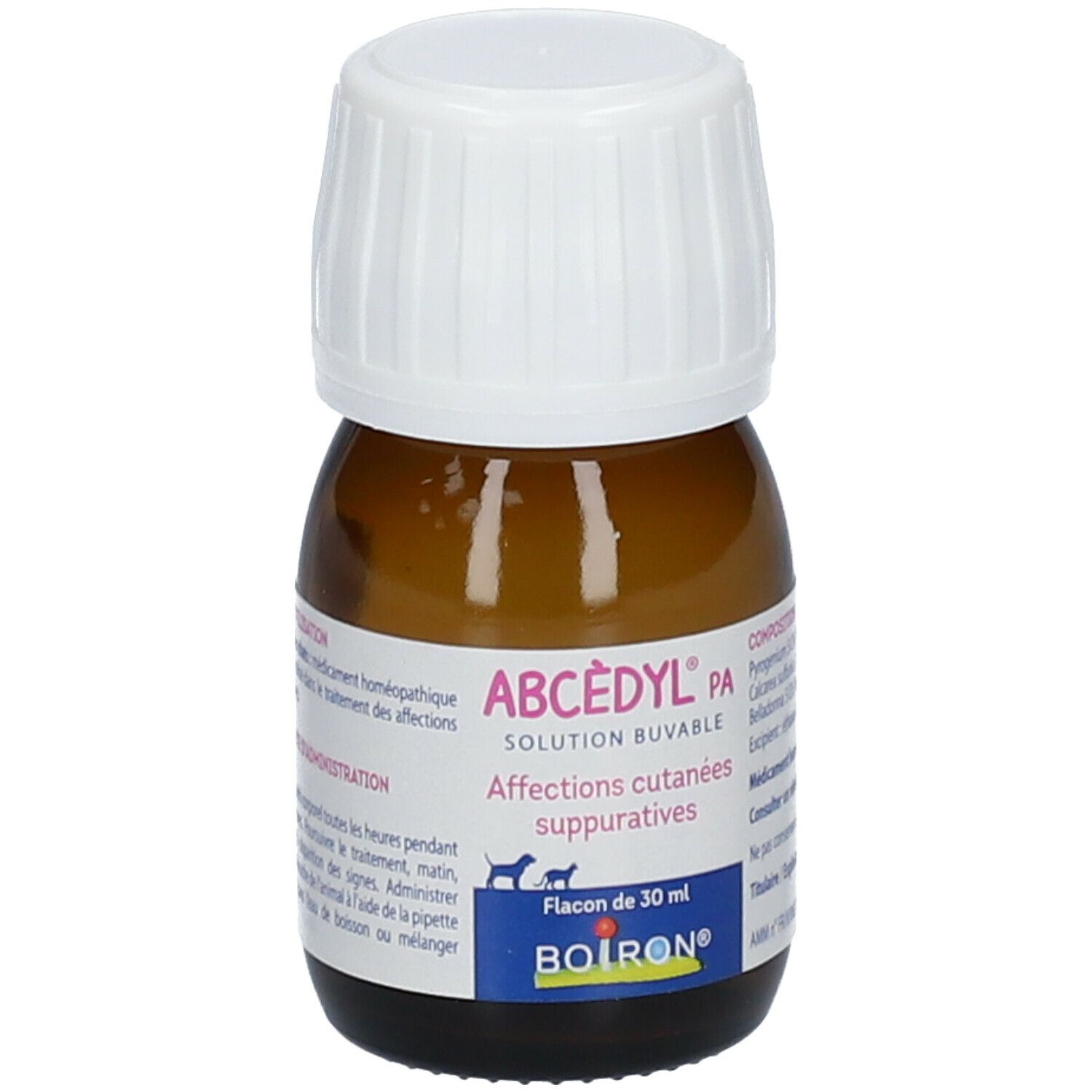 Flacon en verre brun, bouchon blanc. Inscription: ABCÈDYL PA, solution buvable. Flacon de 30 ml. Marque BOIRON.