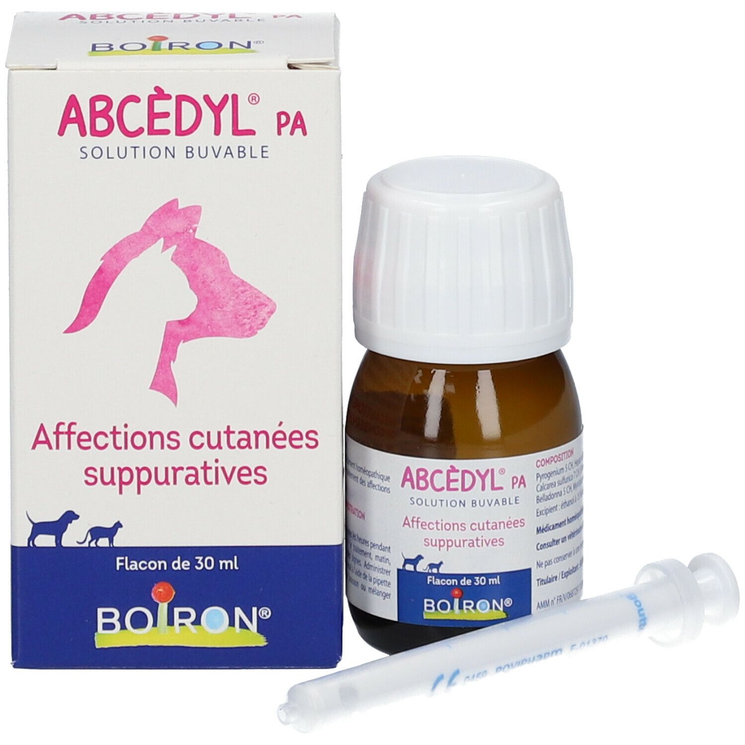 Emballage du produit avec flacon, seringue. Inscription: ABCÈDYL PA, solution buvable. Flacon de 30 ml. Marque BOIRON.