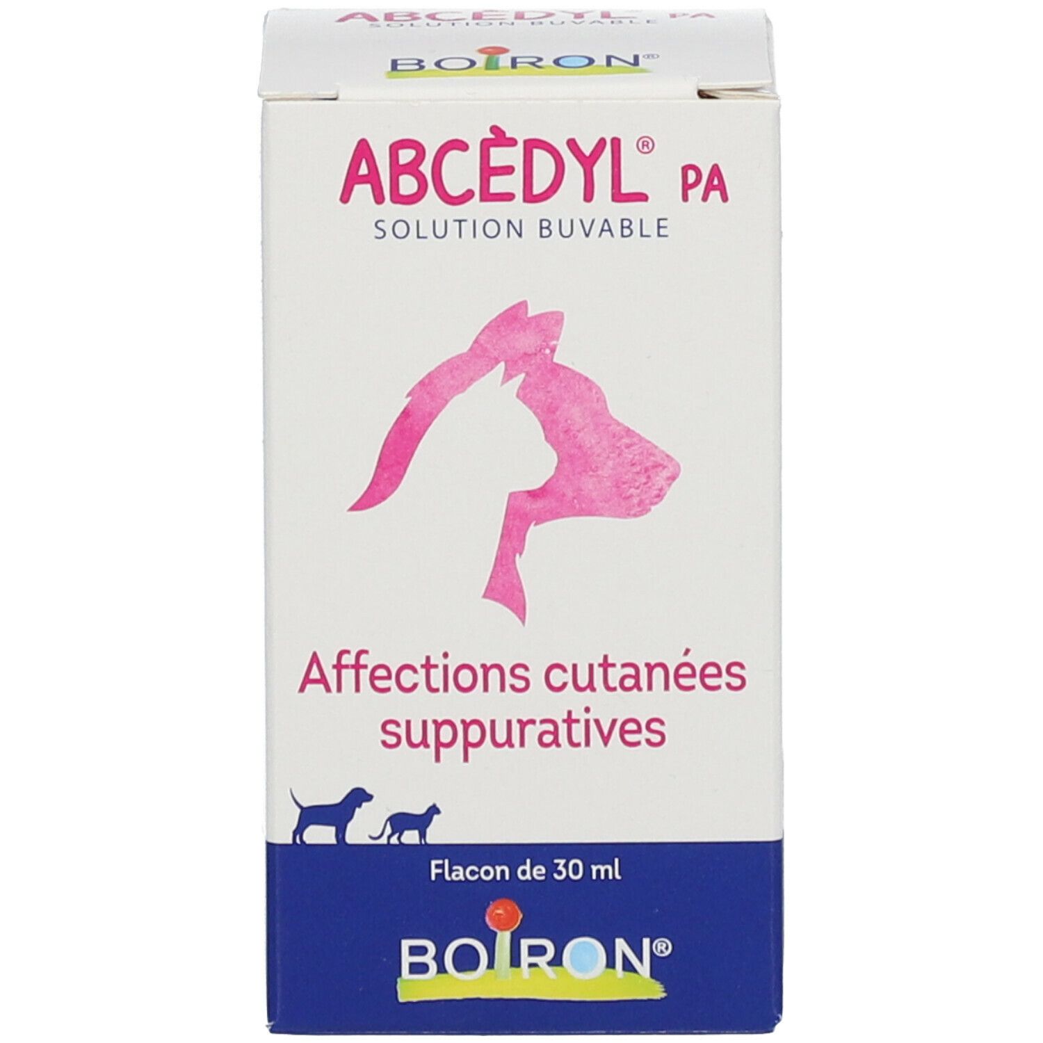Emballage du produit. Inscription: ABCÈDYL PA, solution buvable. Flacon de 30 ml. Marque BOIRON.