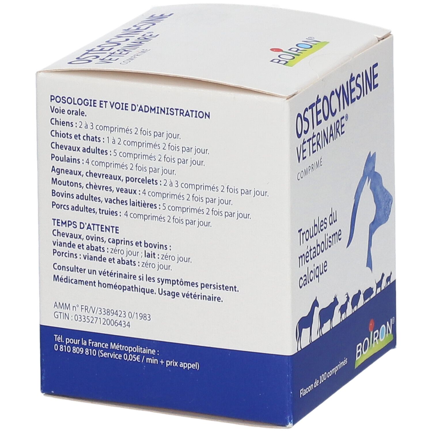 Dos de la boîte BOIRON® OSTÉOCYNÉSINE VÉTÉRINAIRE®. Texte avec posologie, temps d'attente et coordonnées.