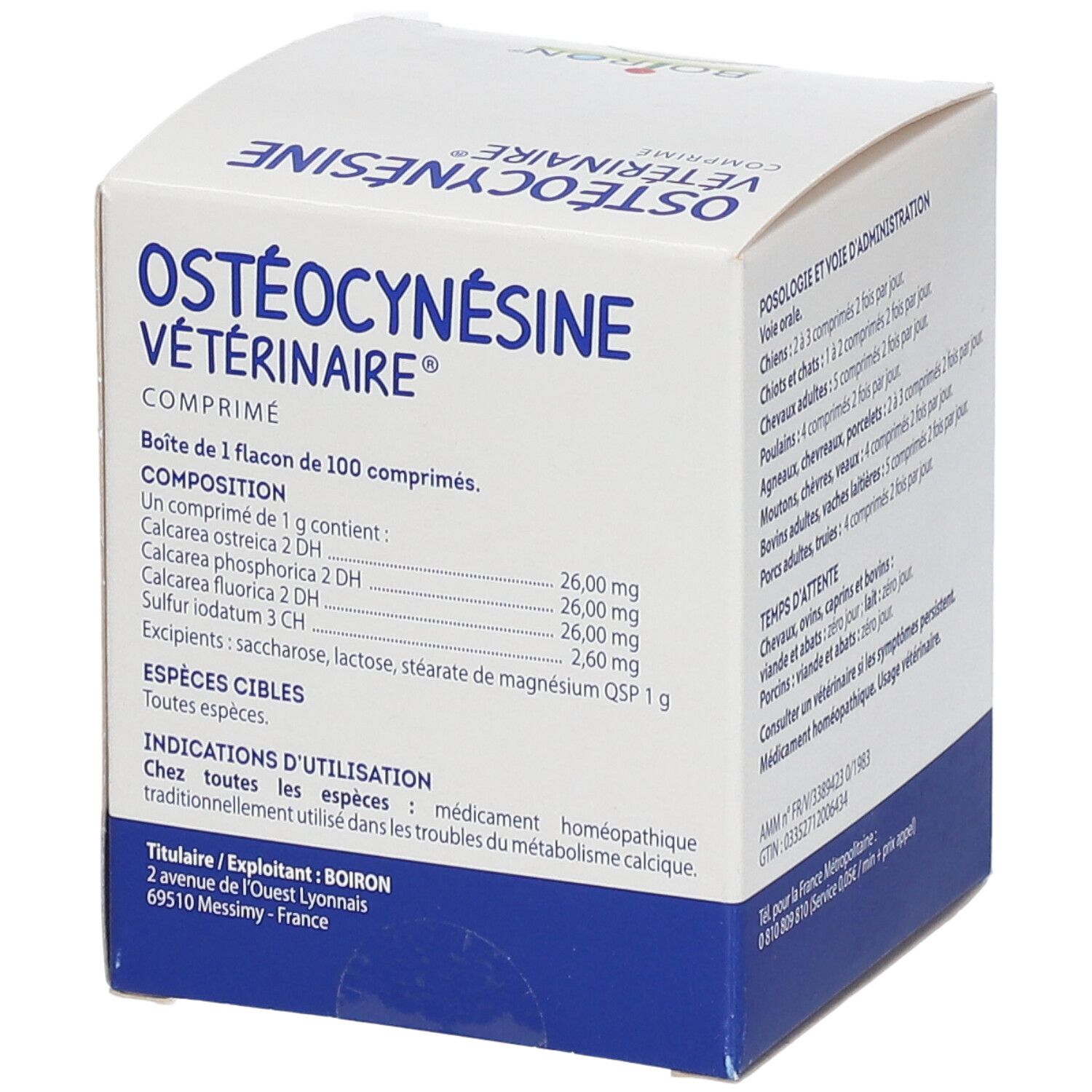 Boîte BOIRON® OSTÉOCYNÉSINE VÉTÉRINAIRE®. Texte avec ingrédients et indications. Palette de couleurs bleu et blanc.