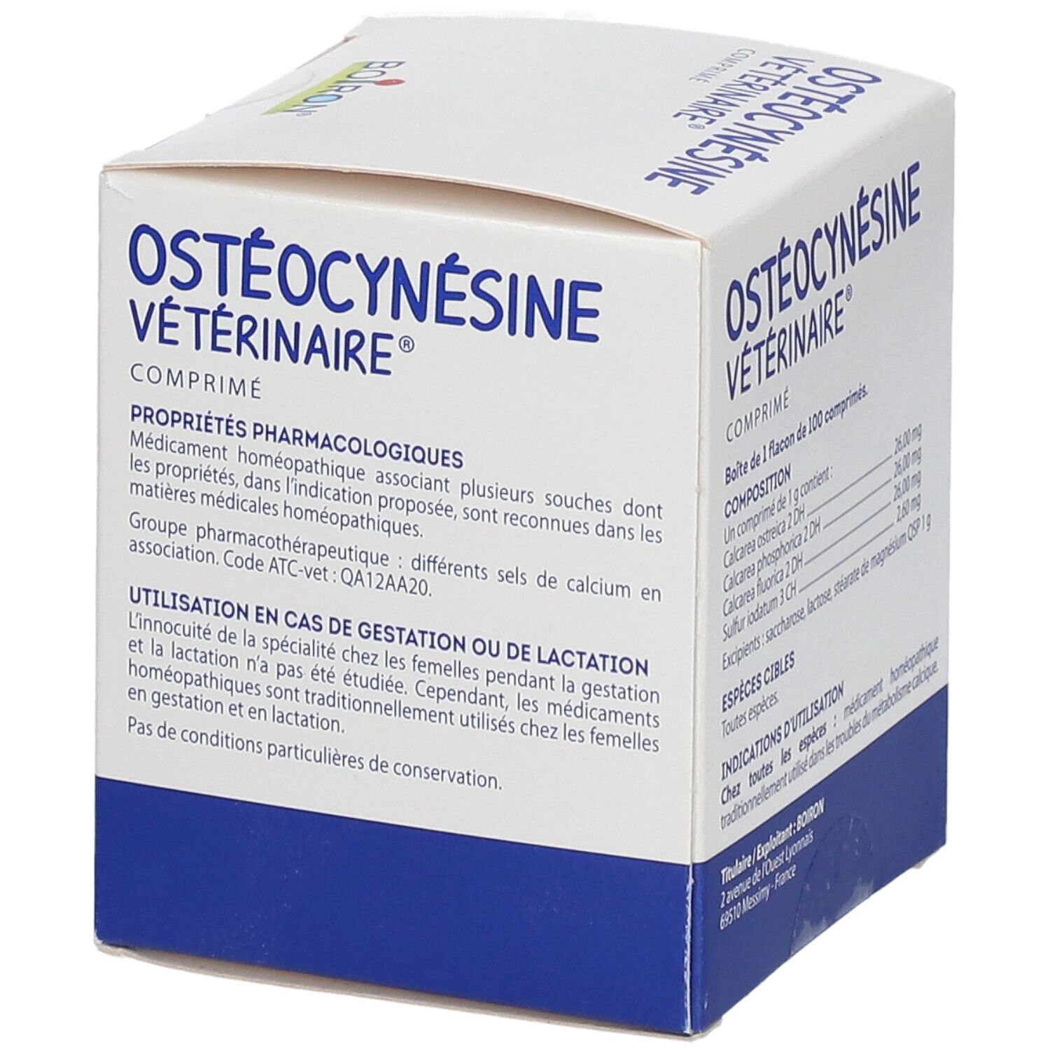 Boîte BOIRON® OSTÉOCYNÉSINE VÉTÉRINAIRE®. Texte avec propriétés pharmacologiques et utilisation. Bleu et blanc.