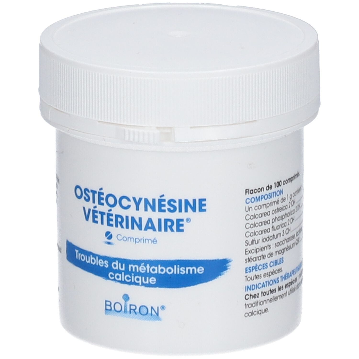 Flacon blanc BOIRON® OSTÉOCYNÉSINE VÉTÉRINAIRE® avec étiquette bleue. Texte et informations sur le produit.