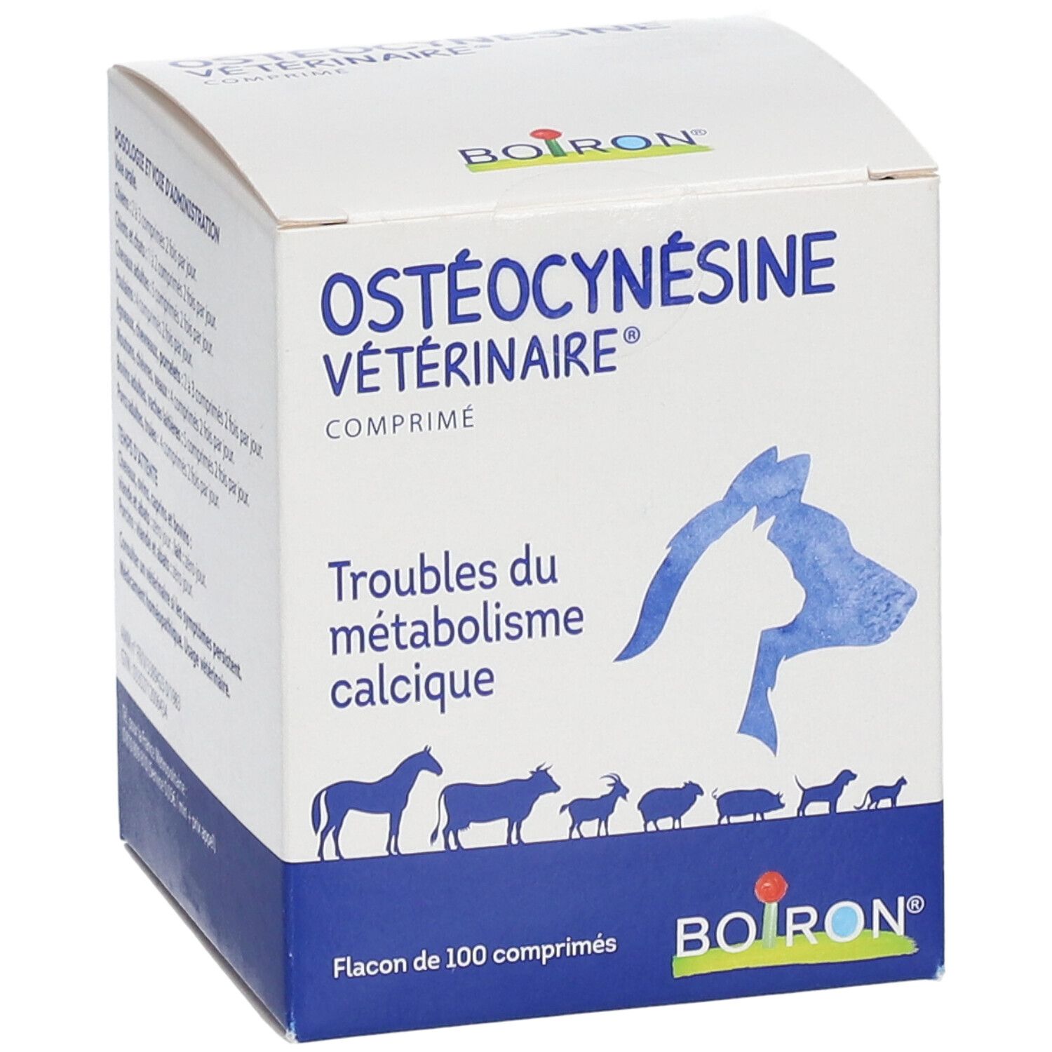 Boîte BOIRON® OSTÉOCYNÉSINE VÉTÉRINAIRE® avec image du produit et texte. Palette de couleurs bleu et blanc.
