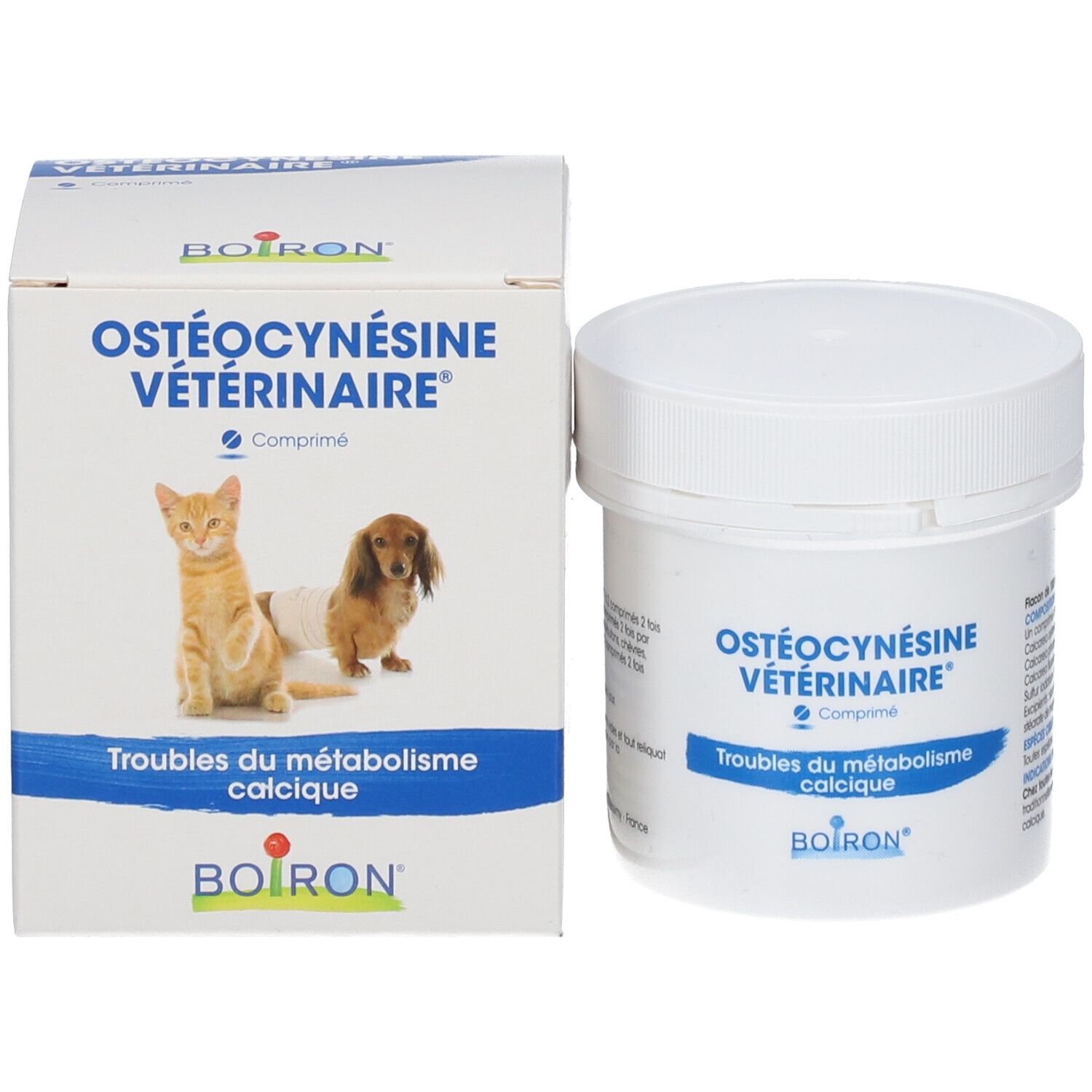 Boîte et flacon BOIRON® OSTÉOCYNÉSINE VÉTÉRINAIRE®. Image du produit avec chat et chien. Blanc et bleu.
