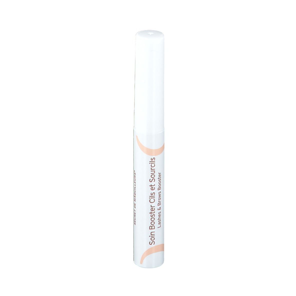 Contenant blanc avec texte Soin Booster Cils et Sourcils. Lashes & Brow Booster.